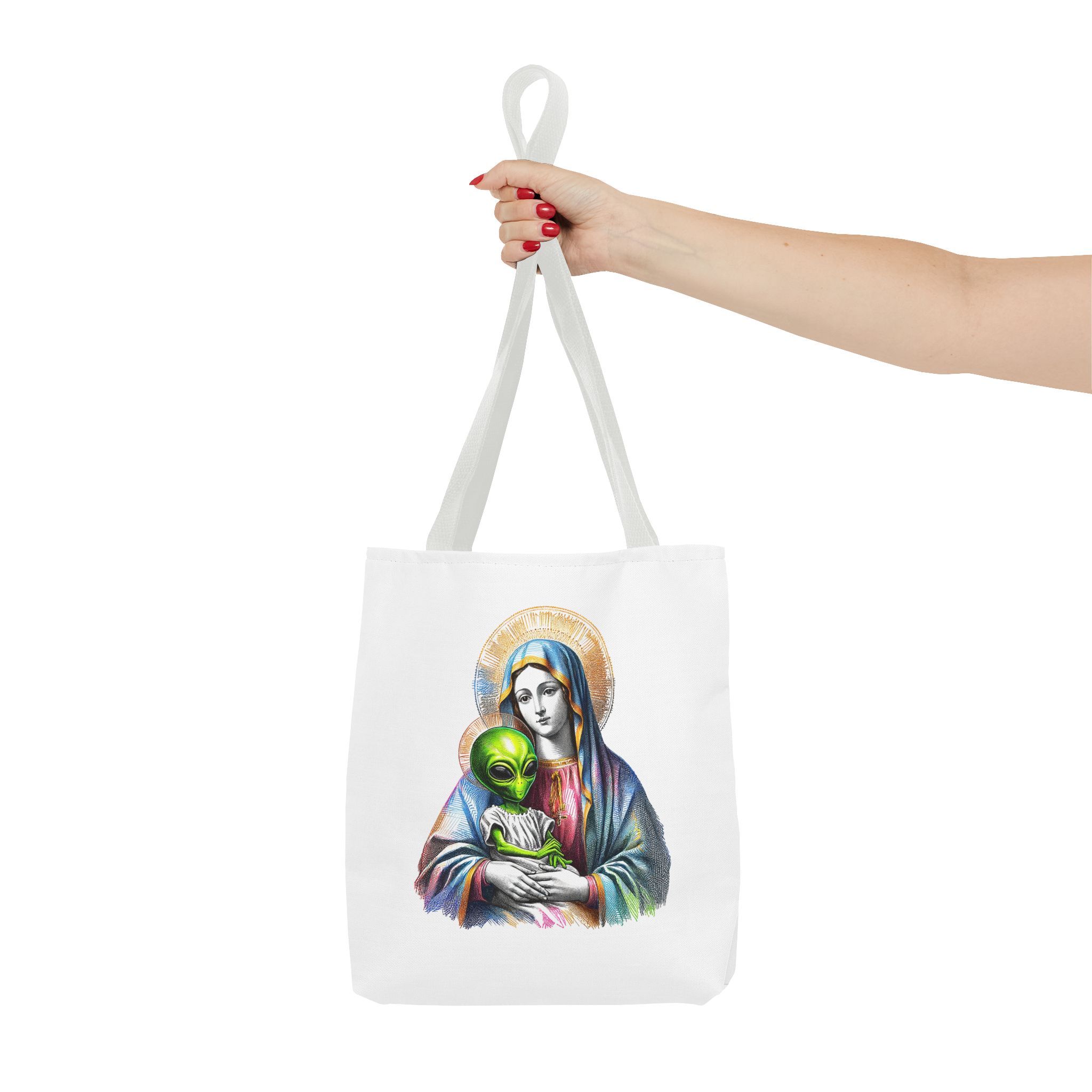 Satiric cute tote bag Boho shoulder bag Alien virgin mary retro shoulder bag fun gift religious design purse unique handbag – Image 14