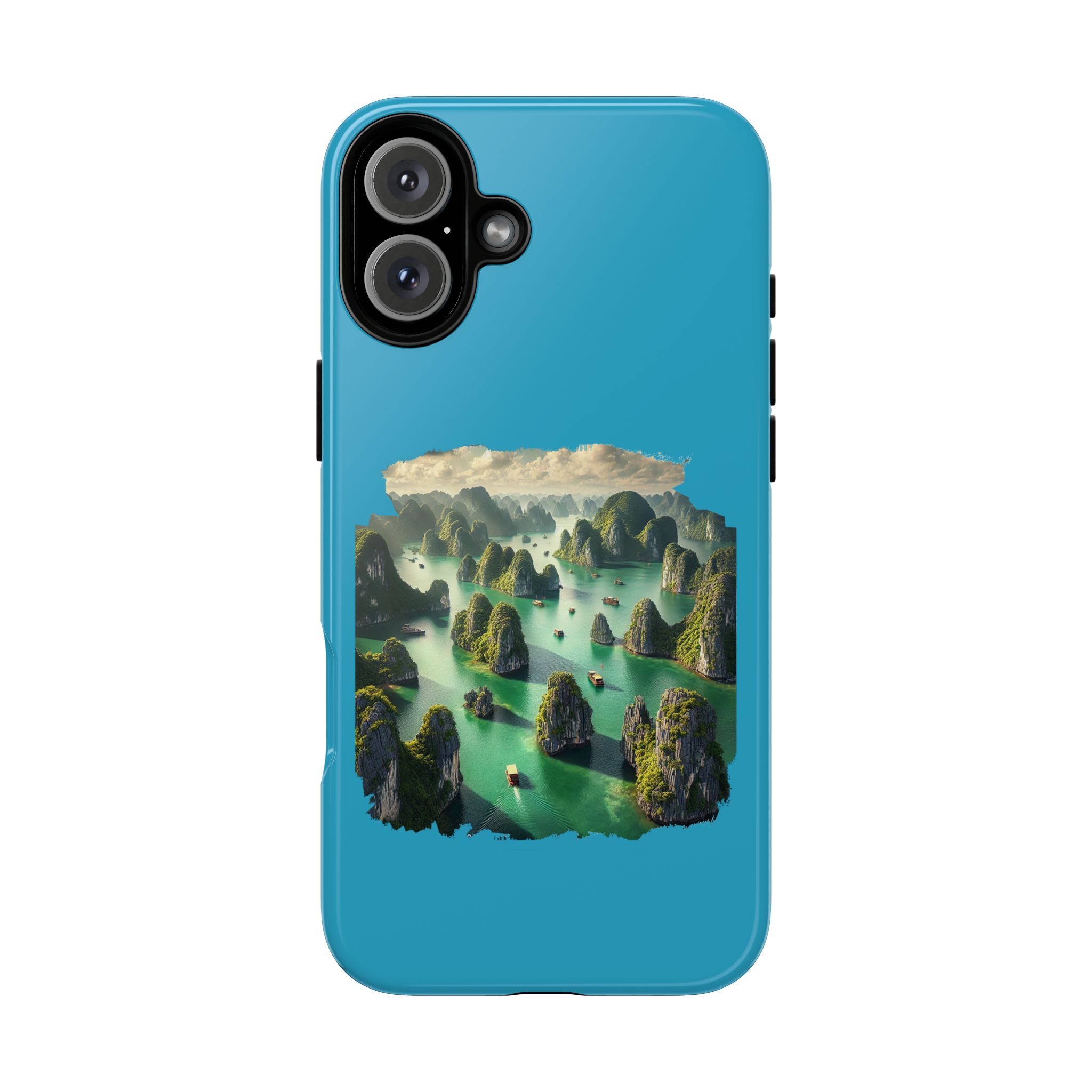 Phone case in blue featuring a scenic landscape with mountains and water.