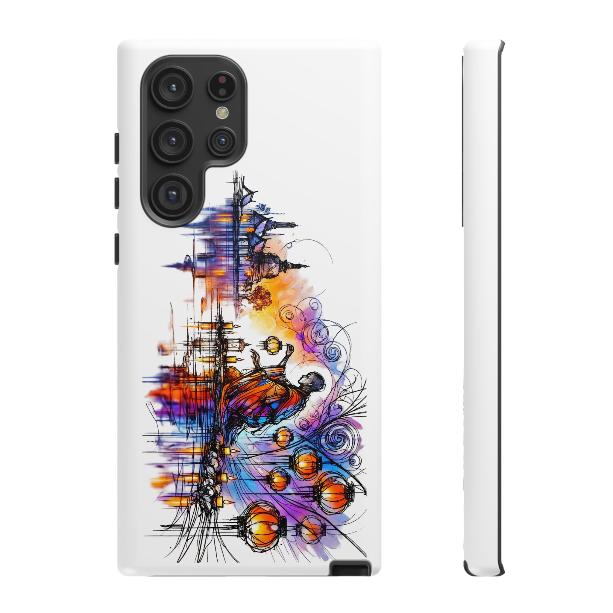 Colorful artistic design featuring a figure with a cityscape and abstract elements on a phone case.