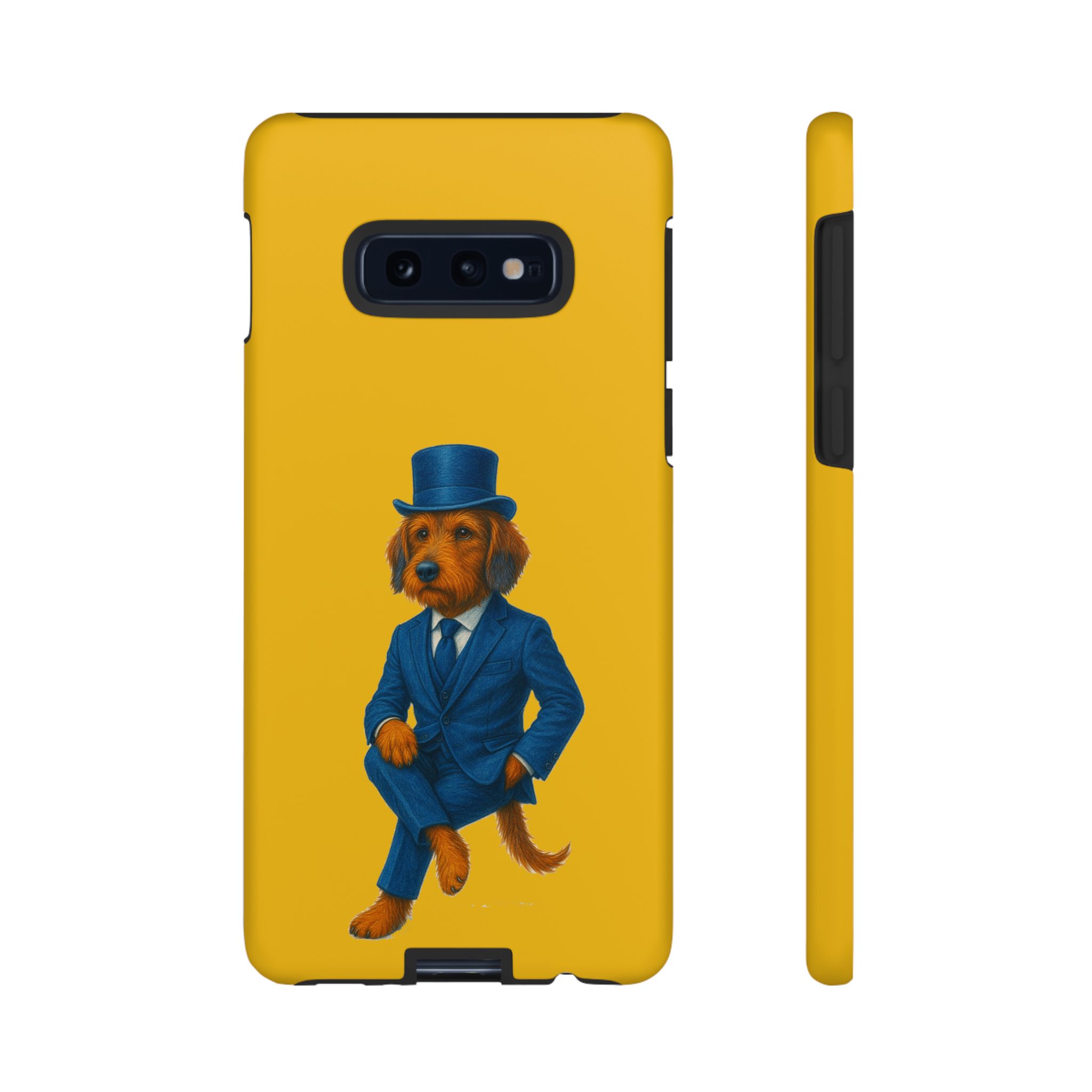 Phone case featuring a dog dressed in a blue suit and top hat against a yellow background.