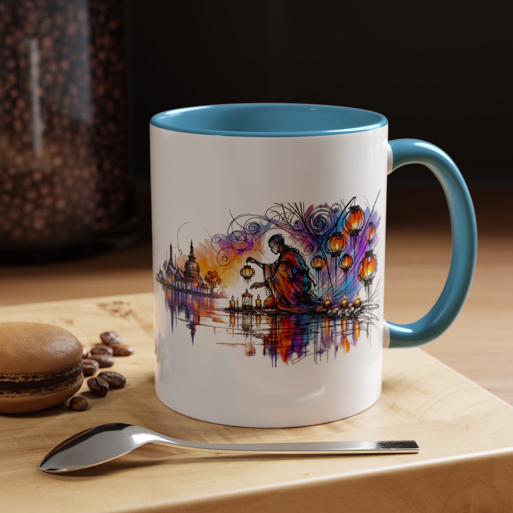 Artistic coffee mug featuring a colorful design with a silhouette of a person and decorative elements.
