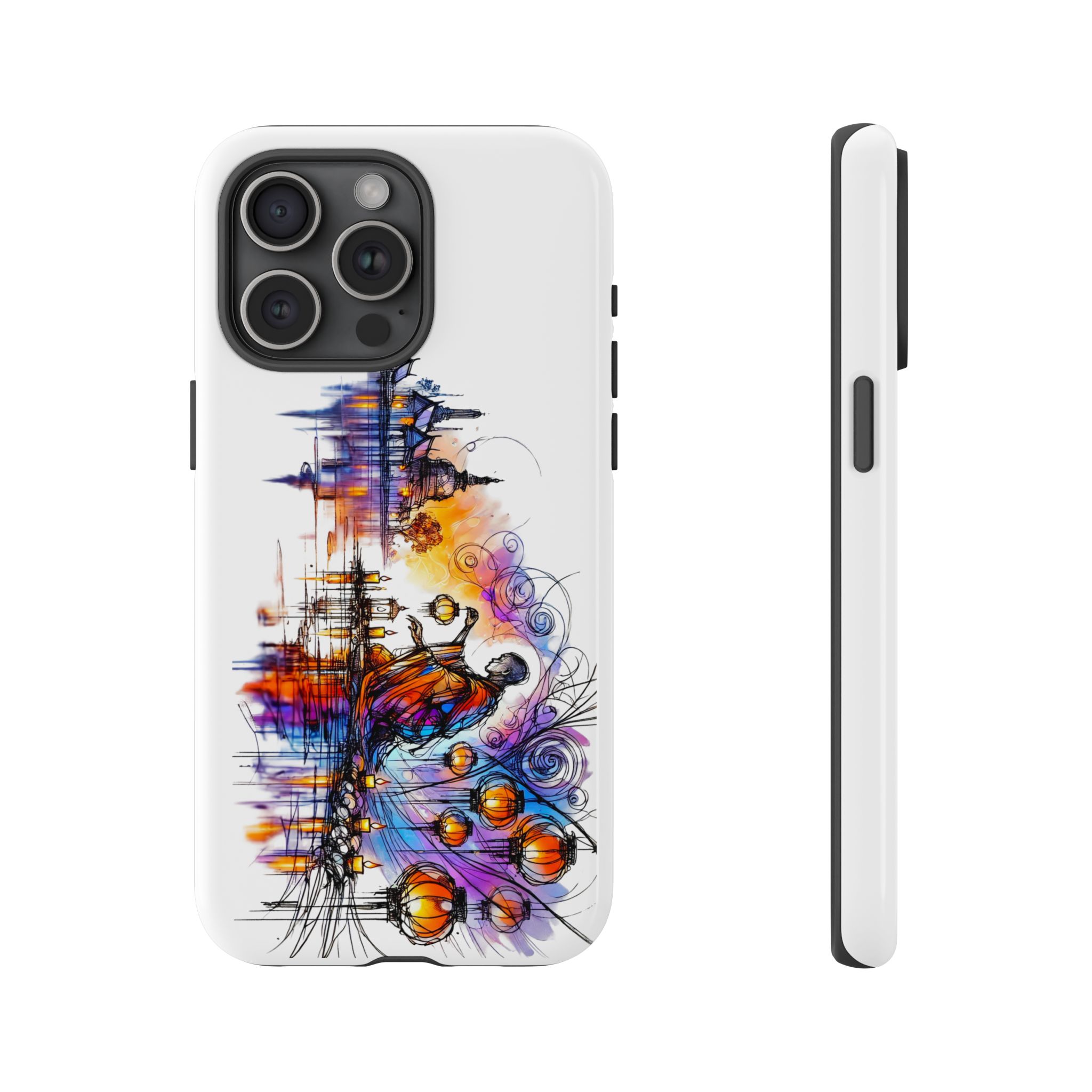 Phone case featuring an abstract design with vibrant colors and artistic elements.