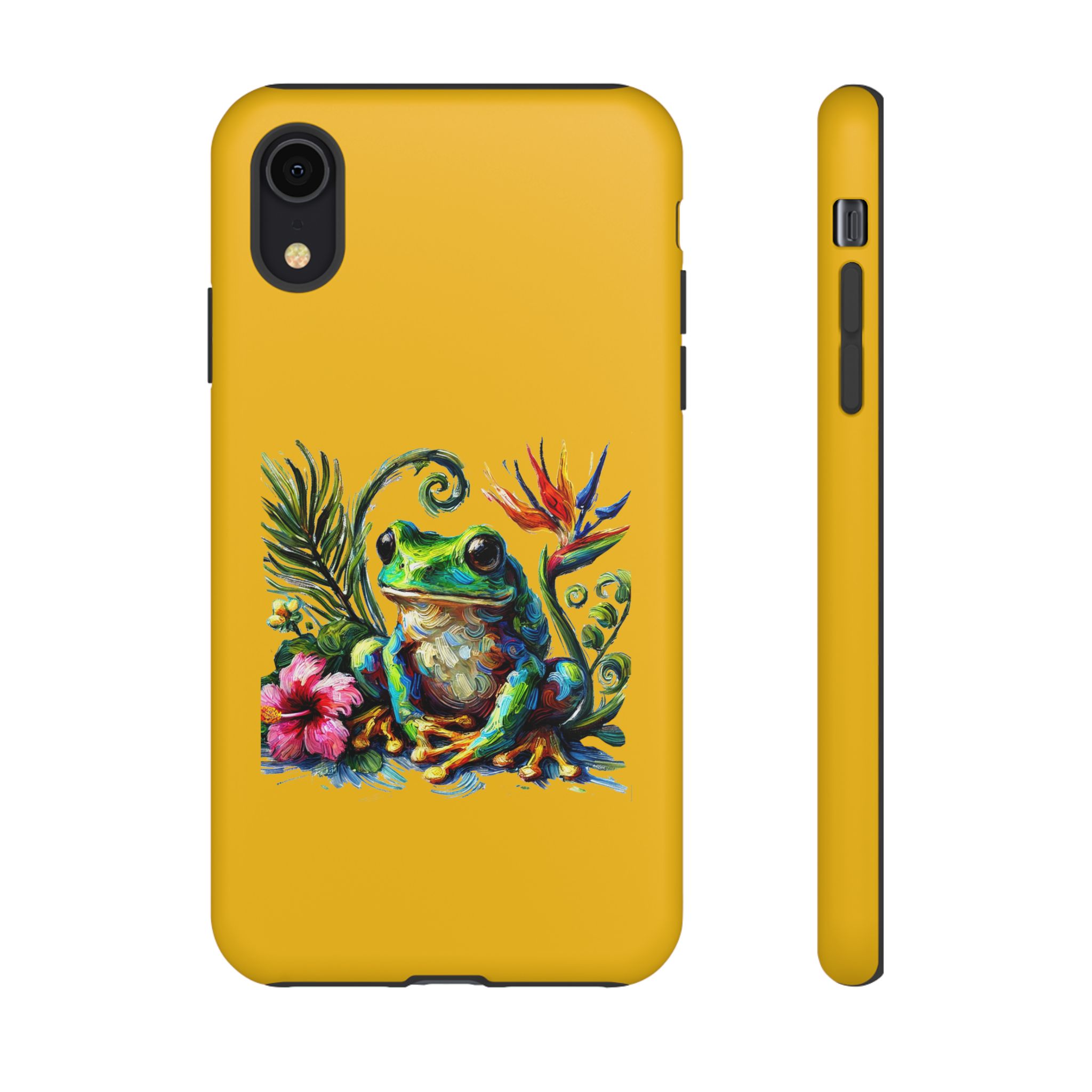 Yellow phone case featuring a colorful frog design with flowers and leaves.
