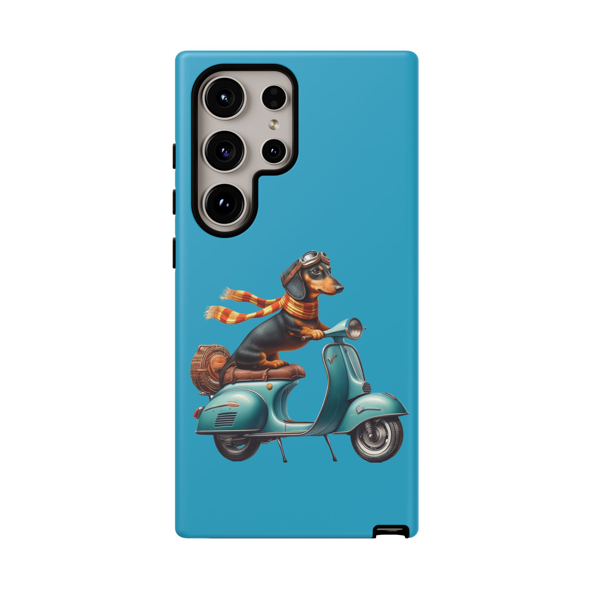 Dachshund wearing goggles and a scarf riding a vintage scooter on a blue phone case.