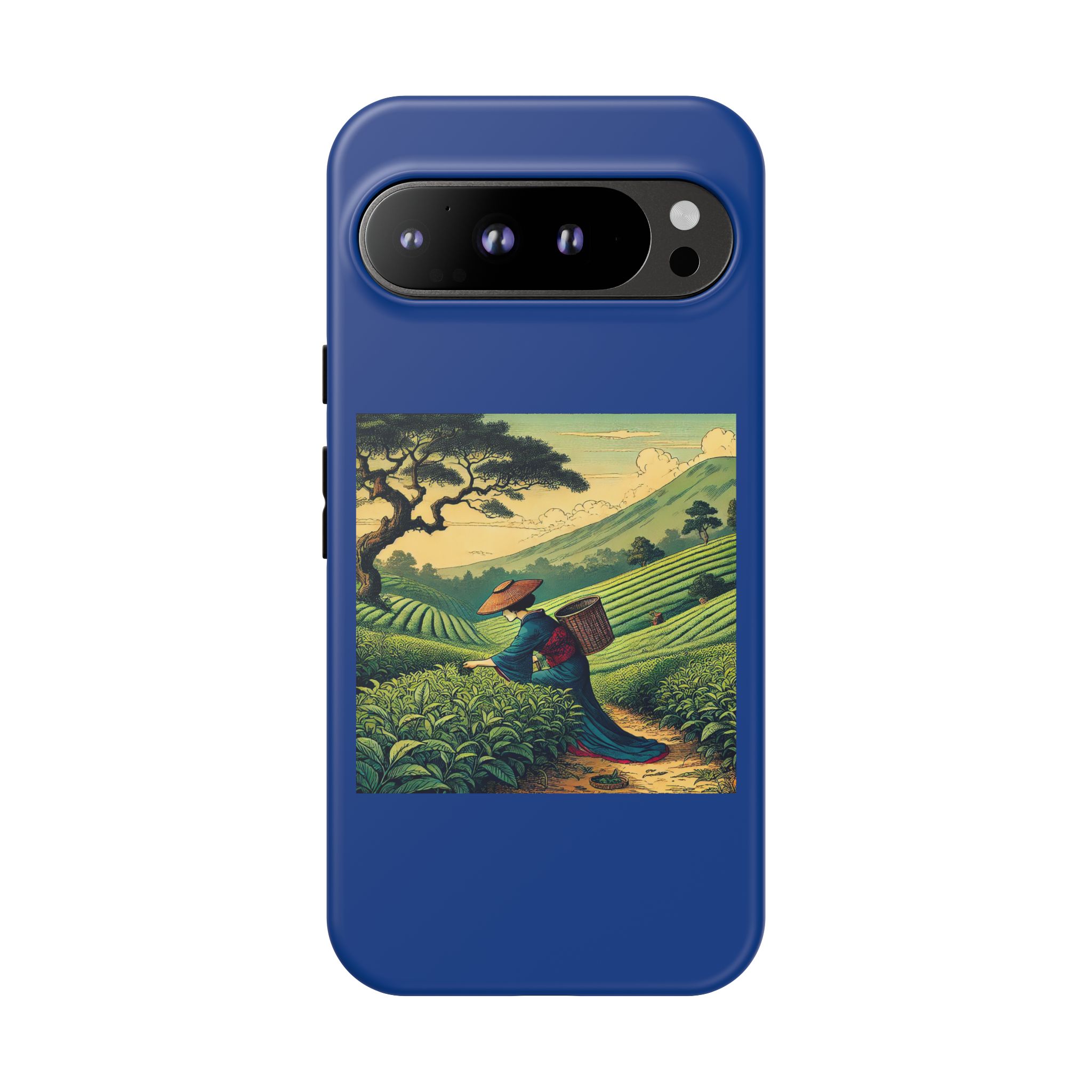 Blue phone case featuring a vintage illustration of a farmer in a tea plantation.