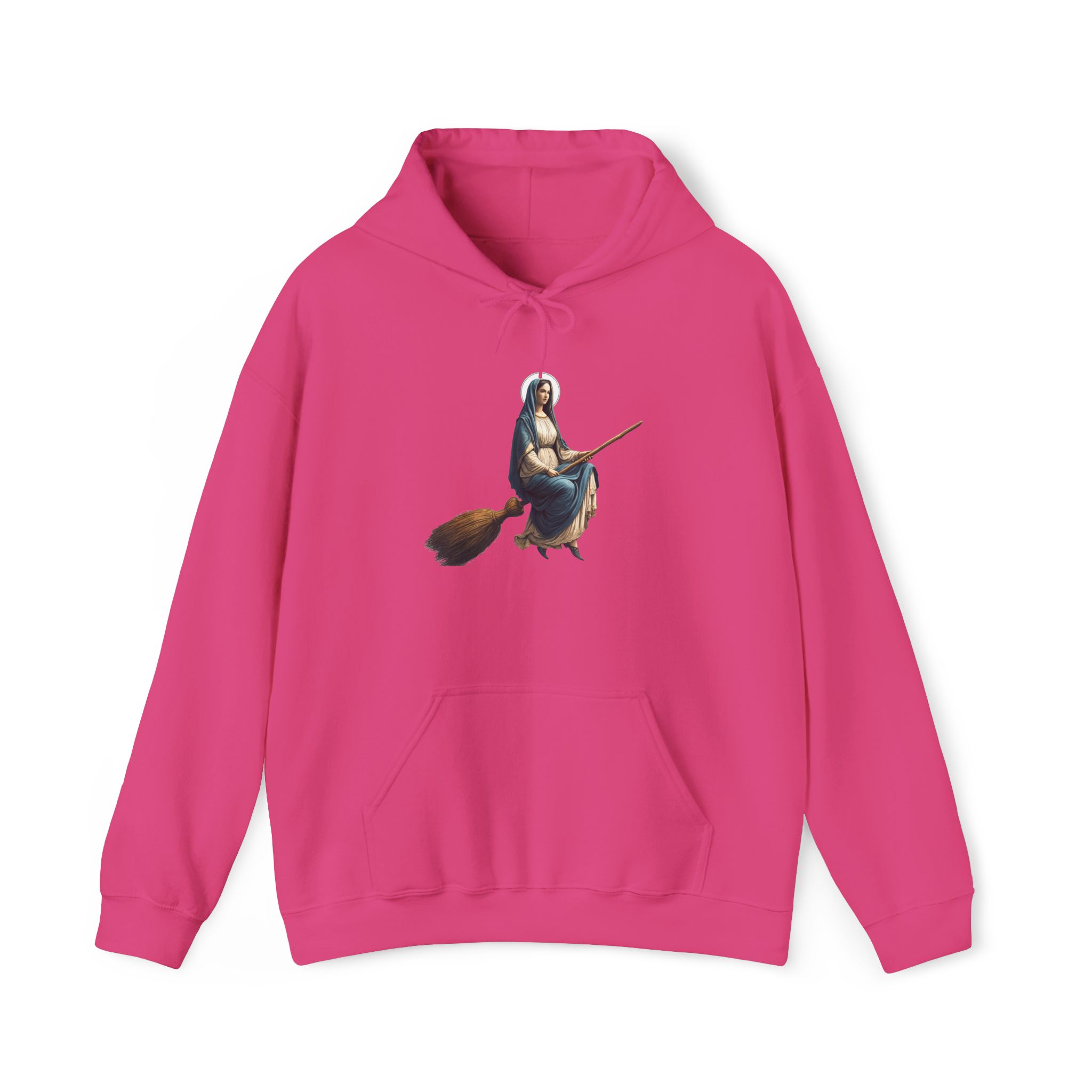 Pink hoodie featuring a graphic of a witch riding a broomstick.