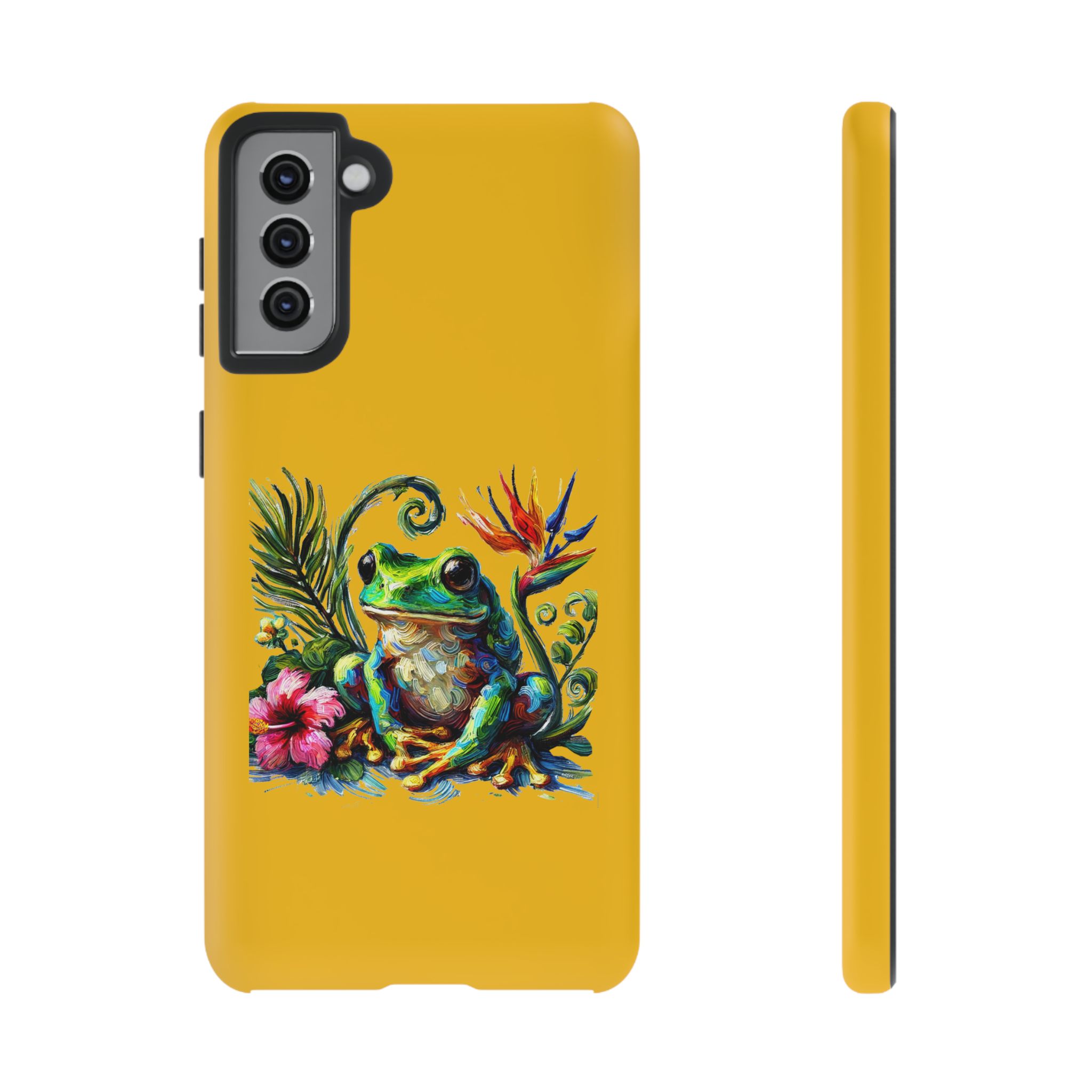 Yellow phone case featuring a colorful frog illustration surrounded by flowers and leaves.