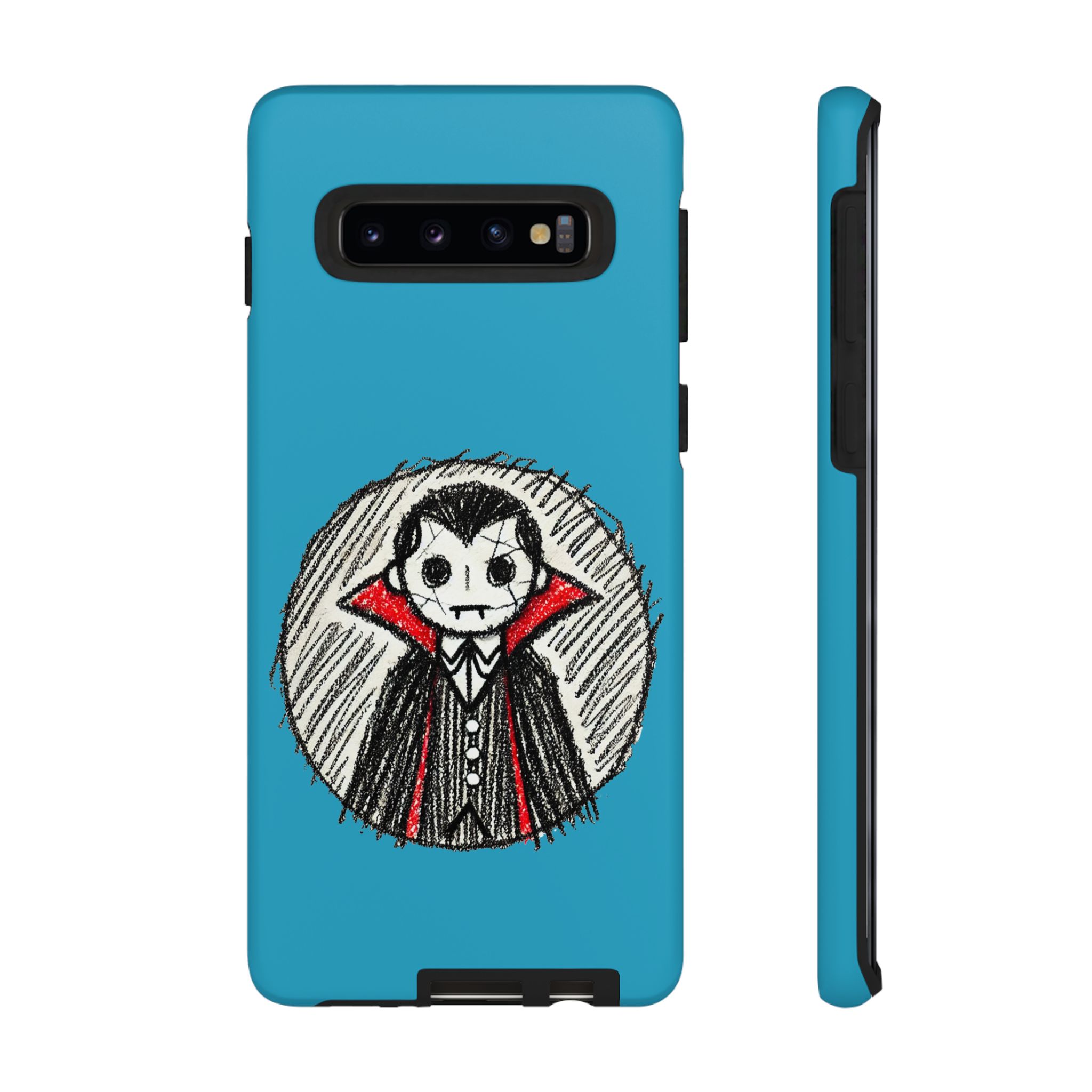 Phone case featuring a vampire character with a blue background and sketch-like design.