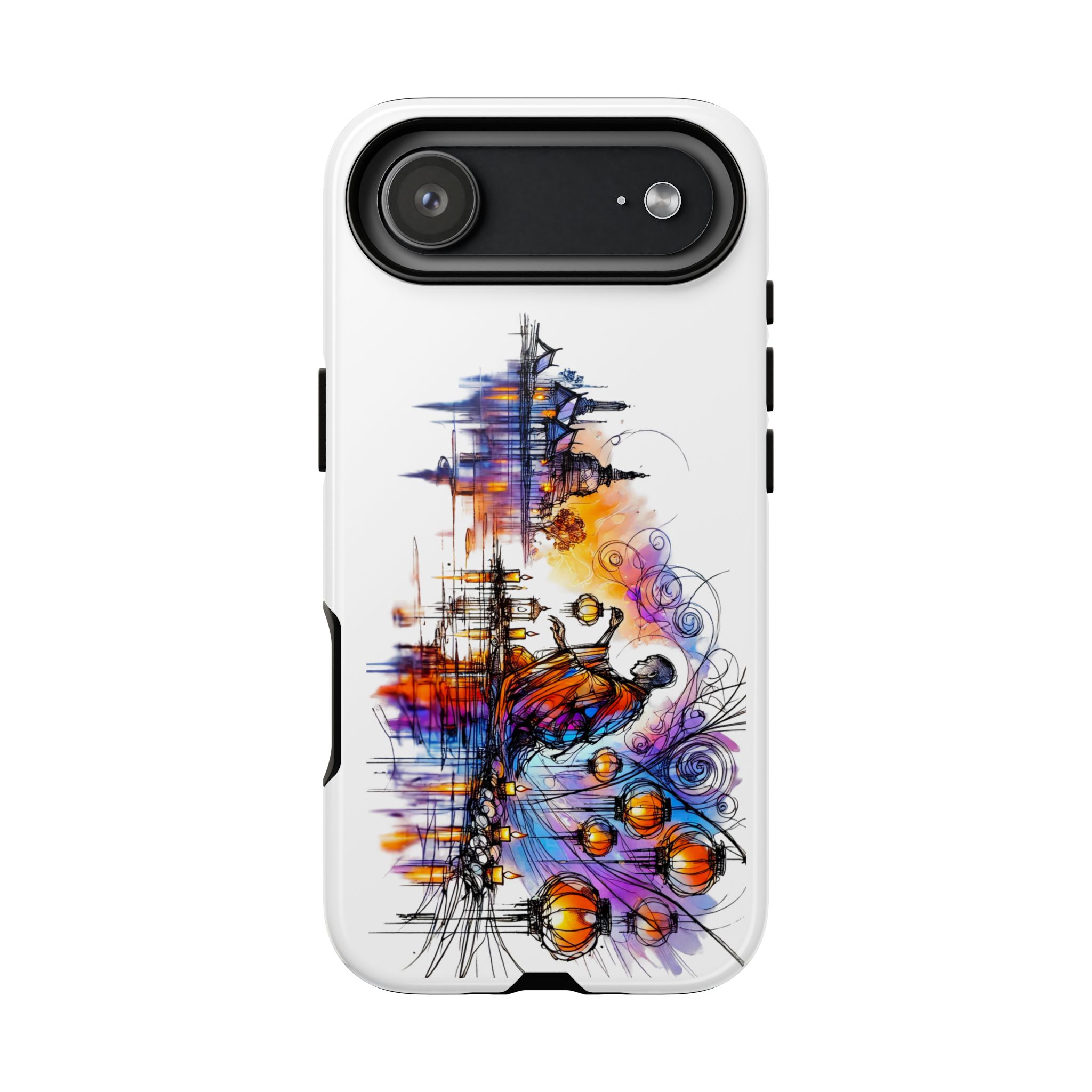 Colorful artistic illustration on a white phone case featuring abstract elements and a figure.