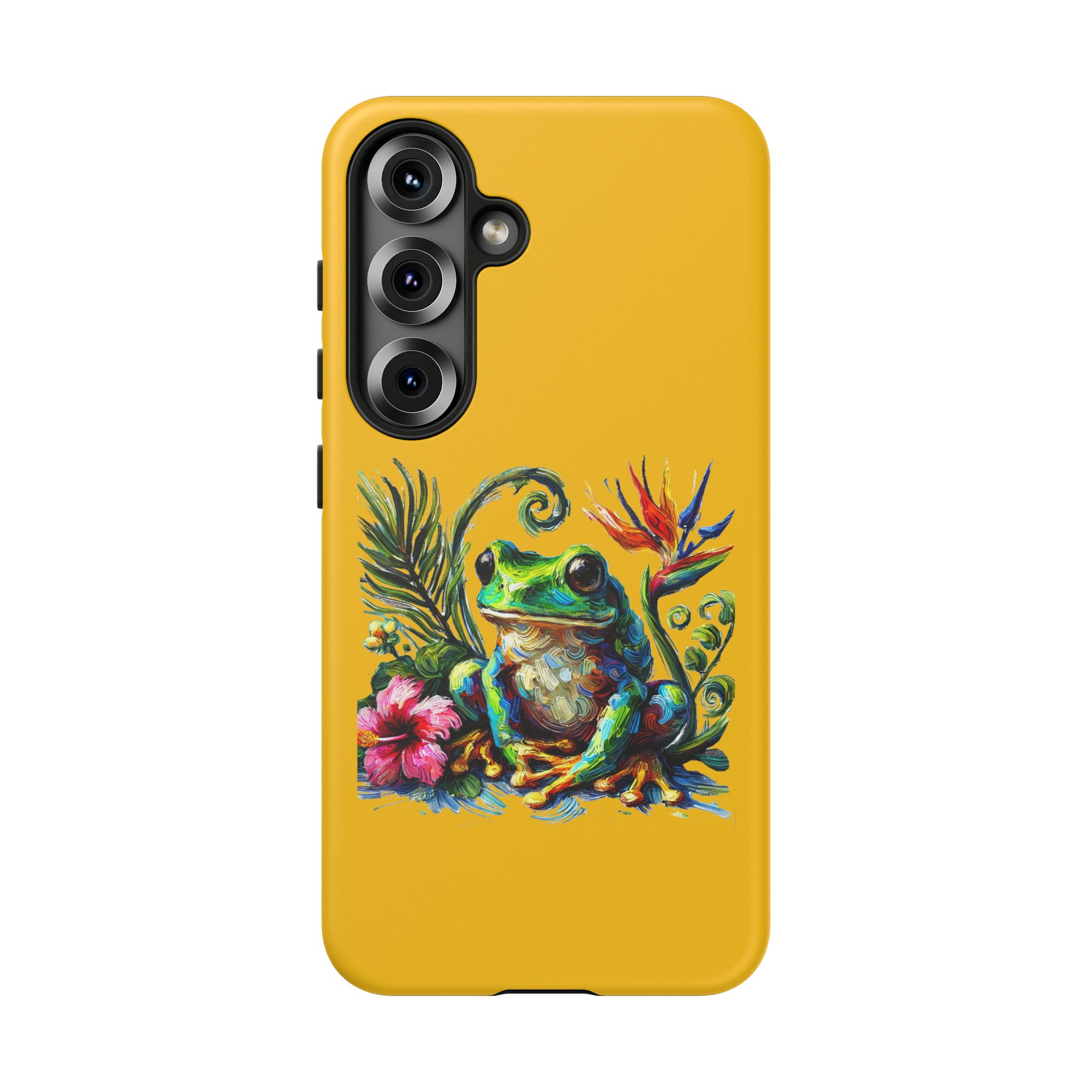 Vibrant phone case featuring a green frog surrounded by tropical plants and flowers on a yellow background.