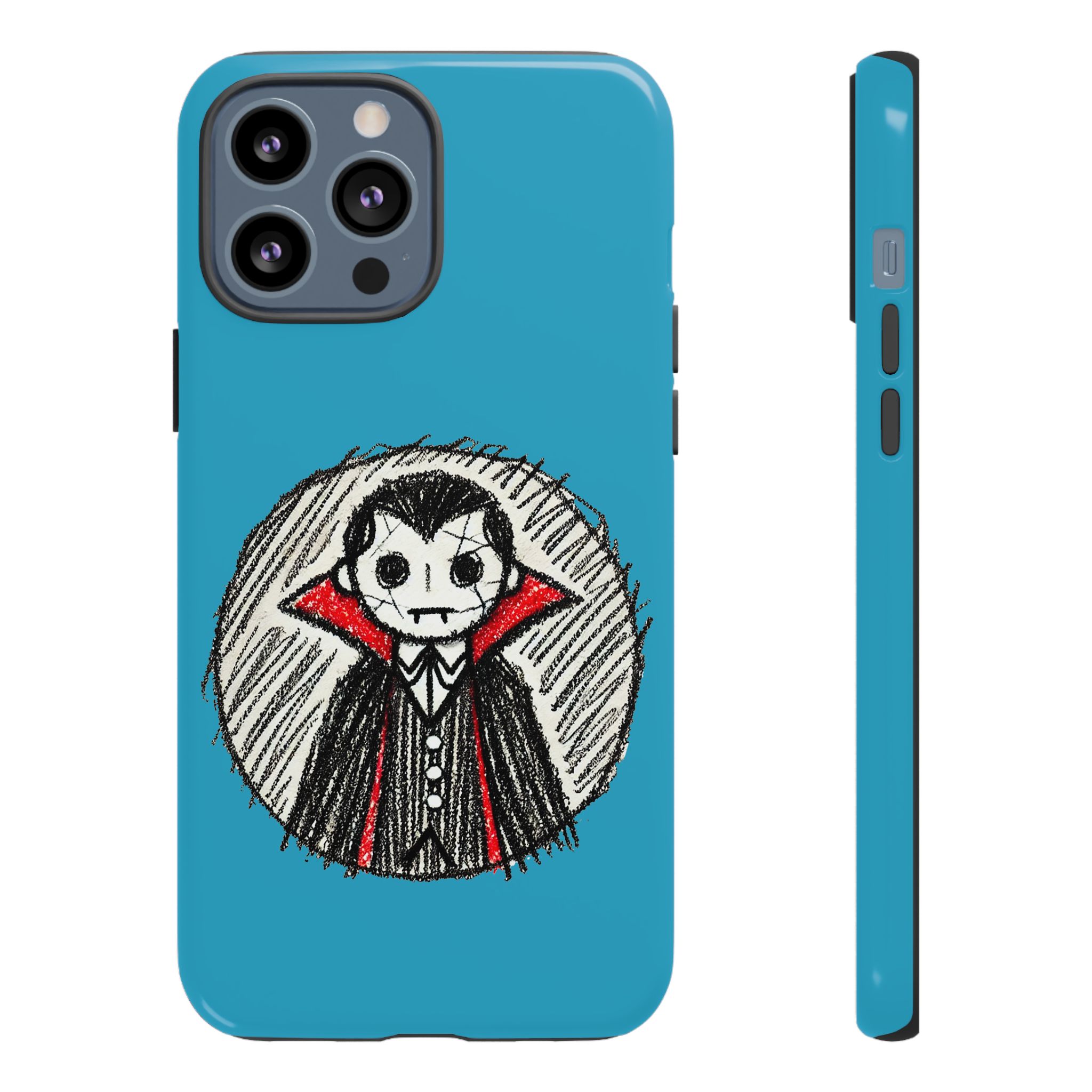 Phone case featuring a hand-drawn vampire character with a blue background and red cape.