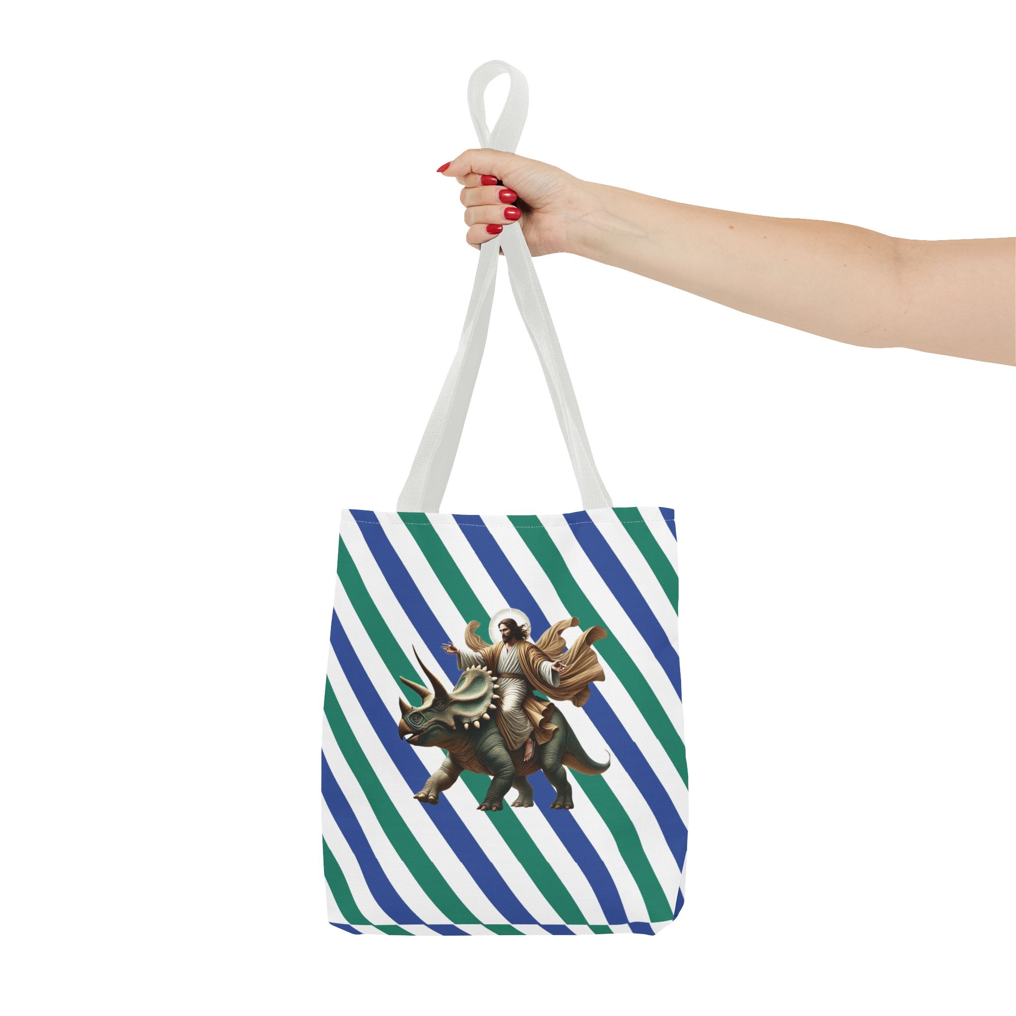 Fun canvas tote bag jurassic boho tote bag Jesus riding triceratops shoulder bag satiric purse religious design sarcastic cute tote bag – Image 14