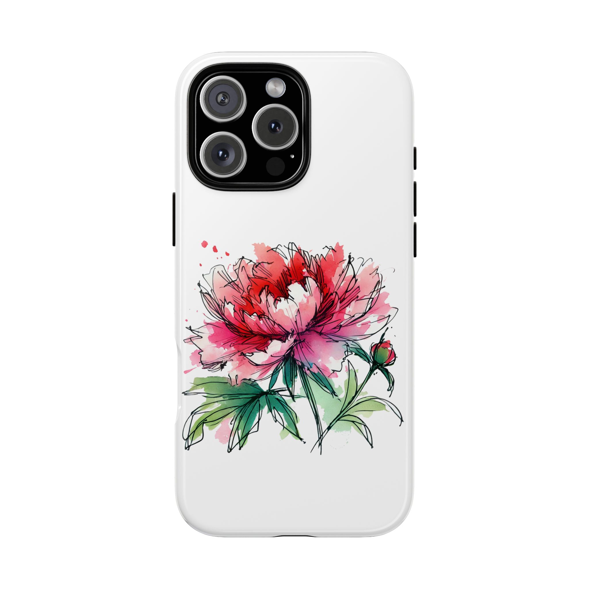 Illustration of a peony flower on a white phone case with vibrant colors.