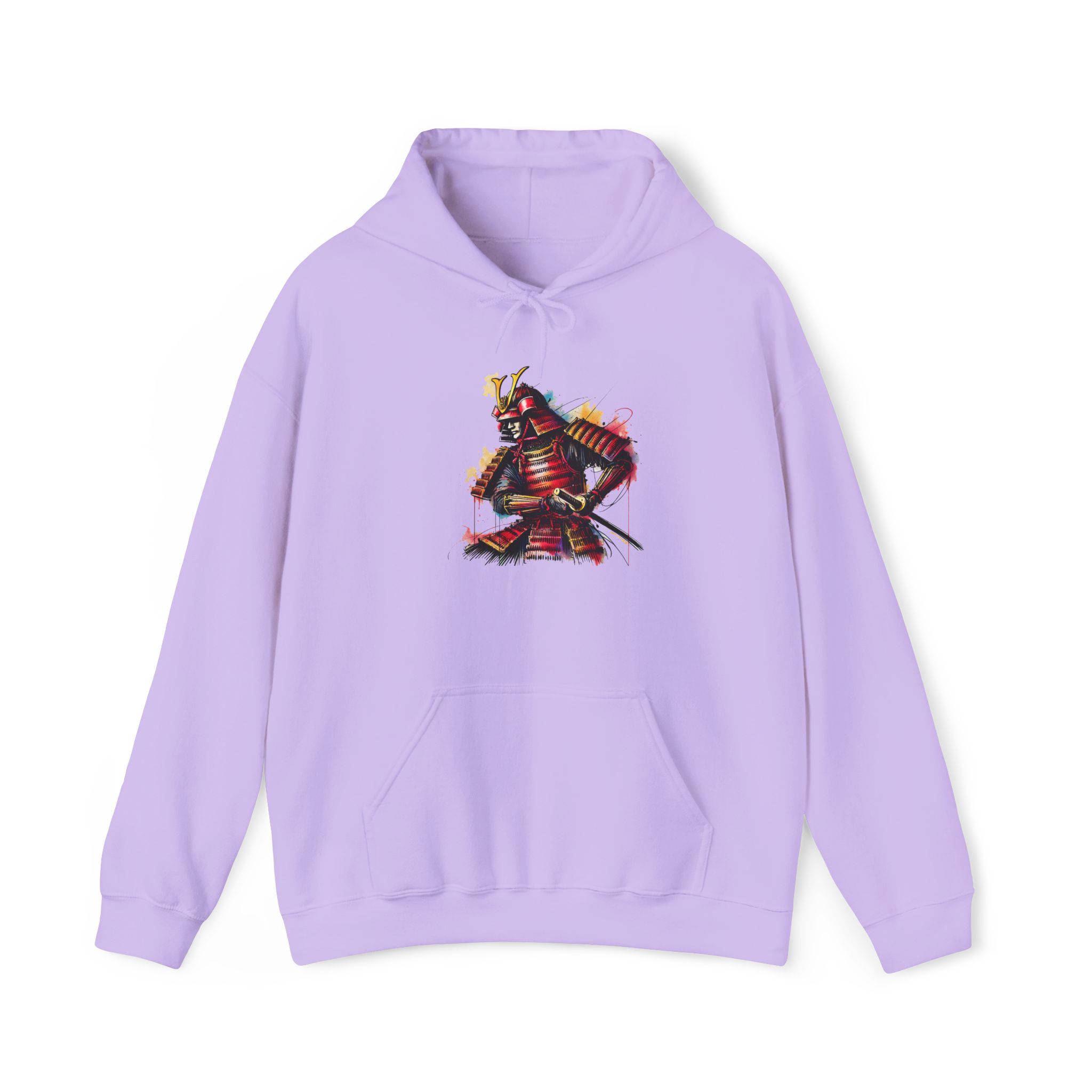 Light purple hoodie featuring a colorful samurai graphic on the front.