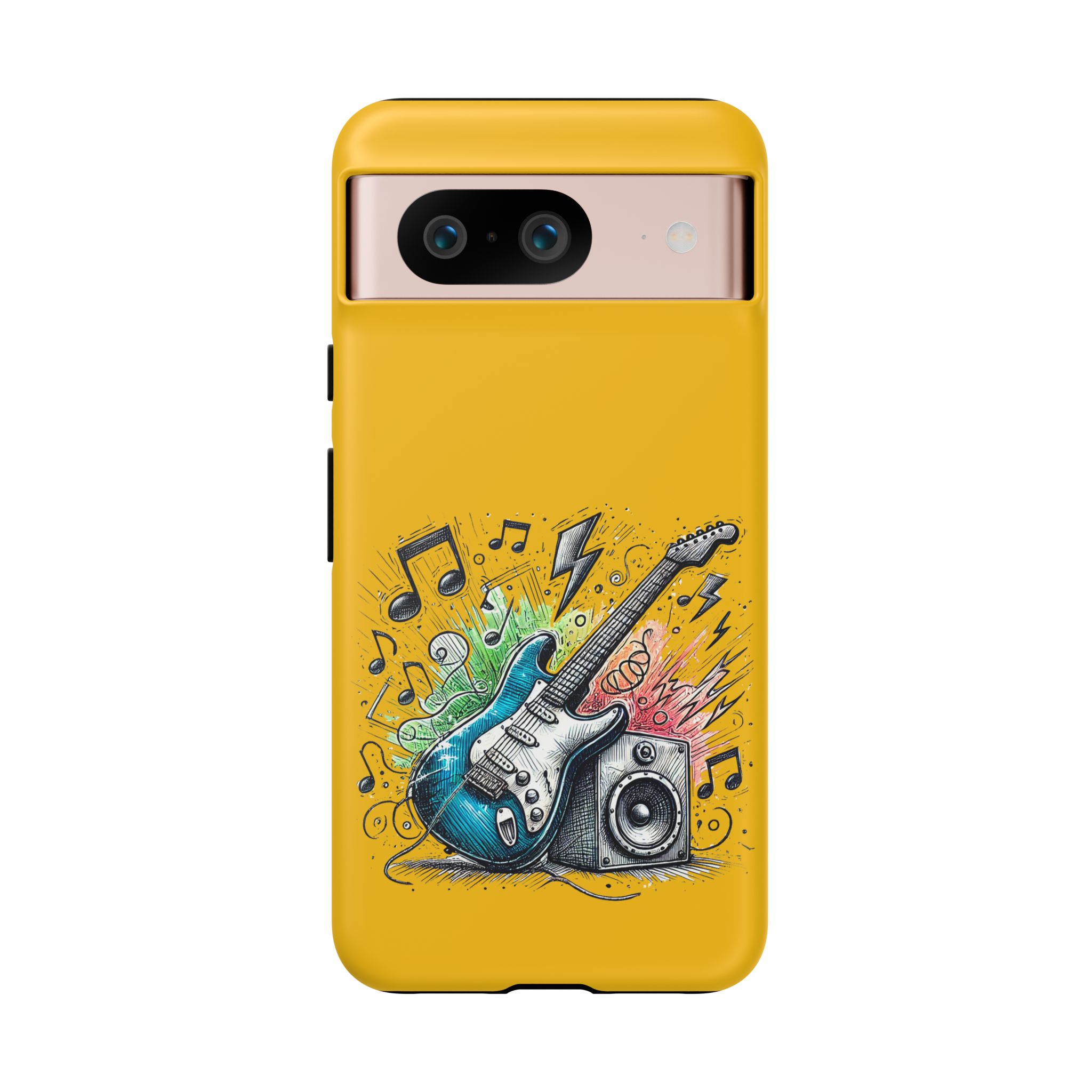 Yellow phone case featuring a graphic design of a guitar, speaker, and musical notes.
