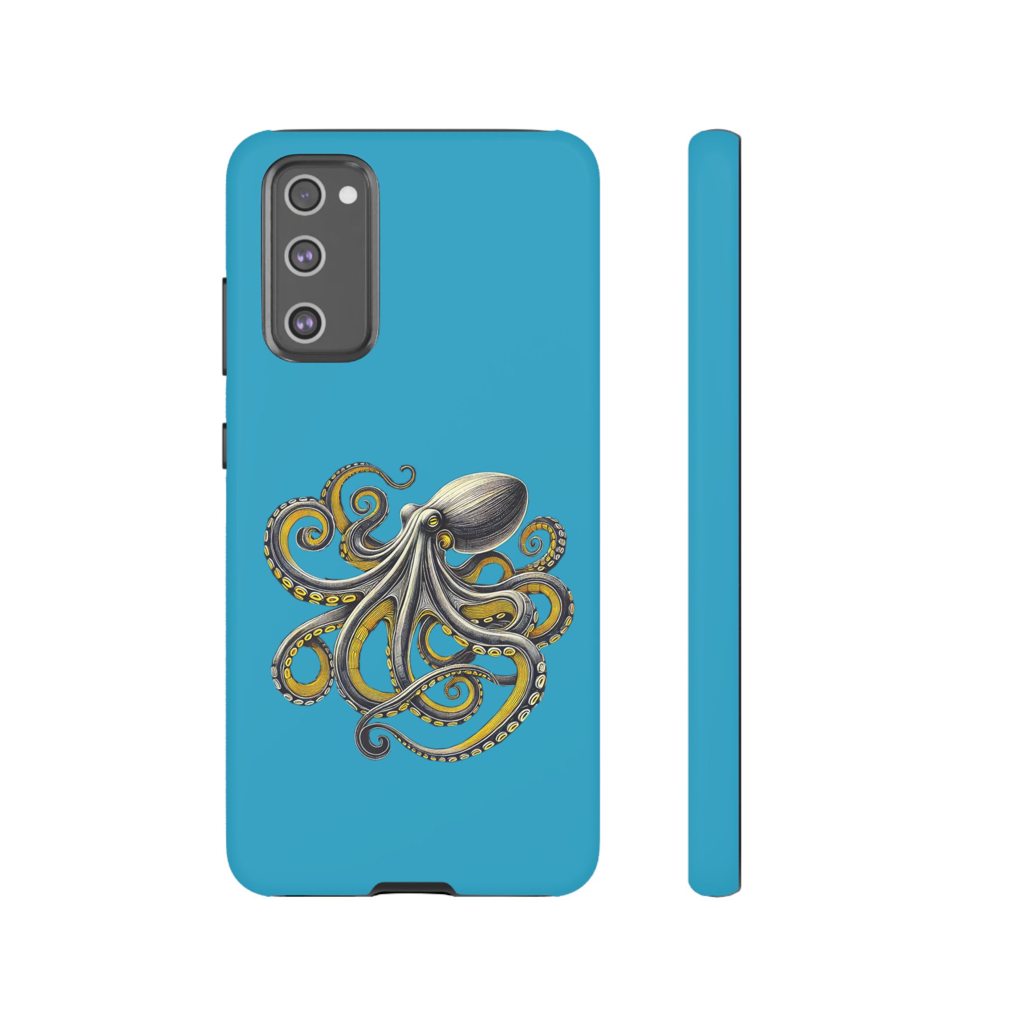 Phone case with a detailed octopus illustration on a blue background.