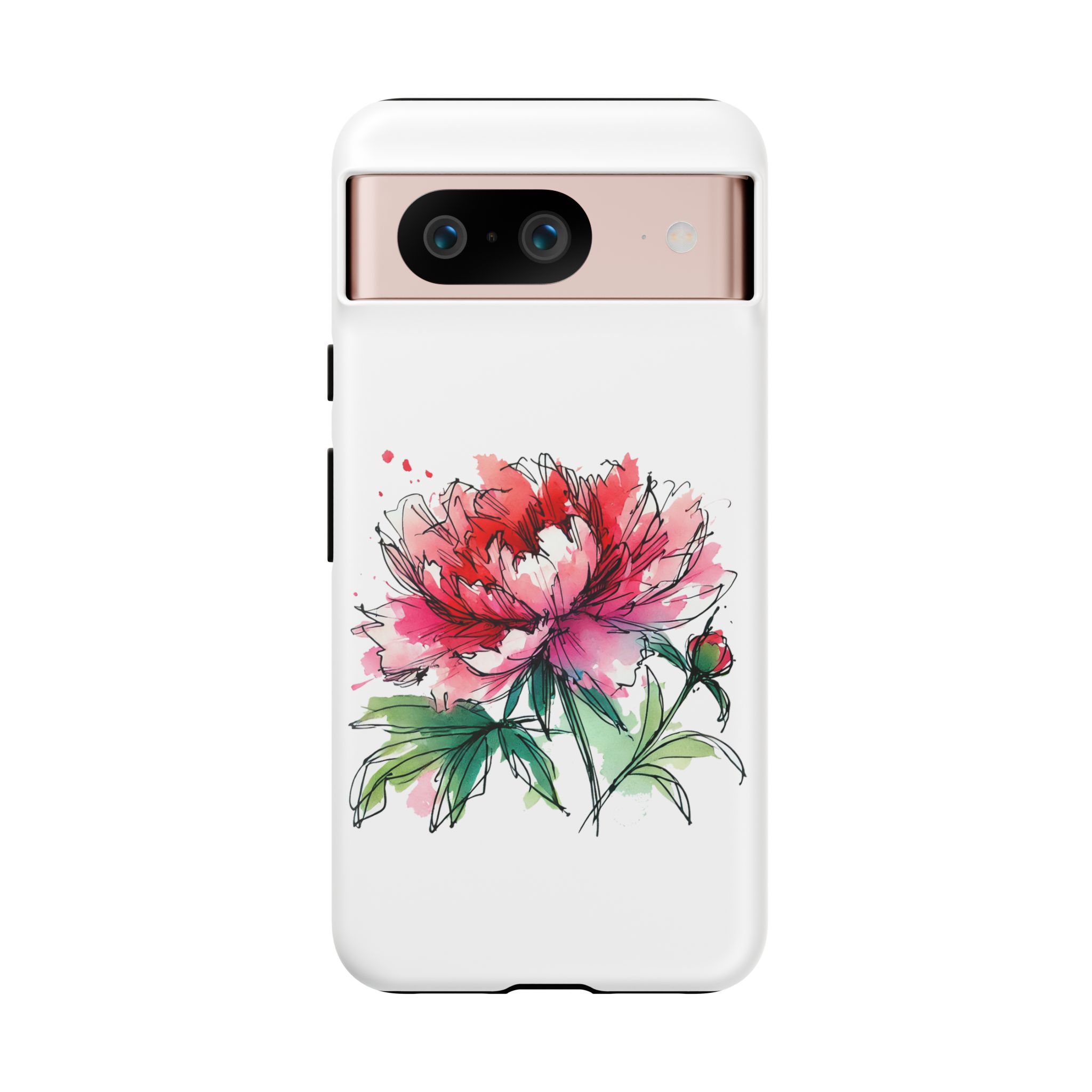 Illustration of a red and pink peony flower on a white phone case.