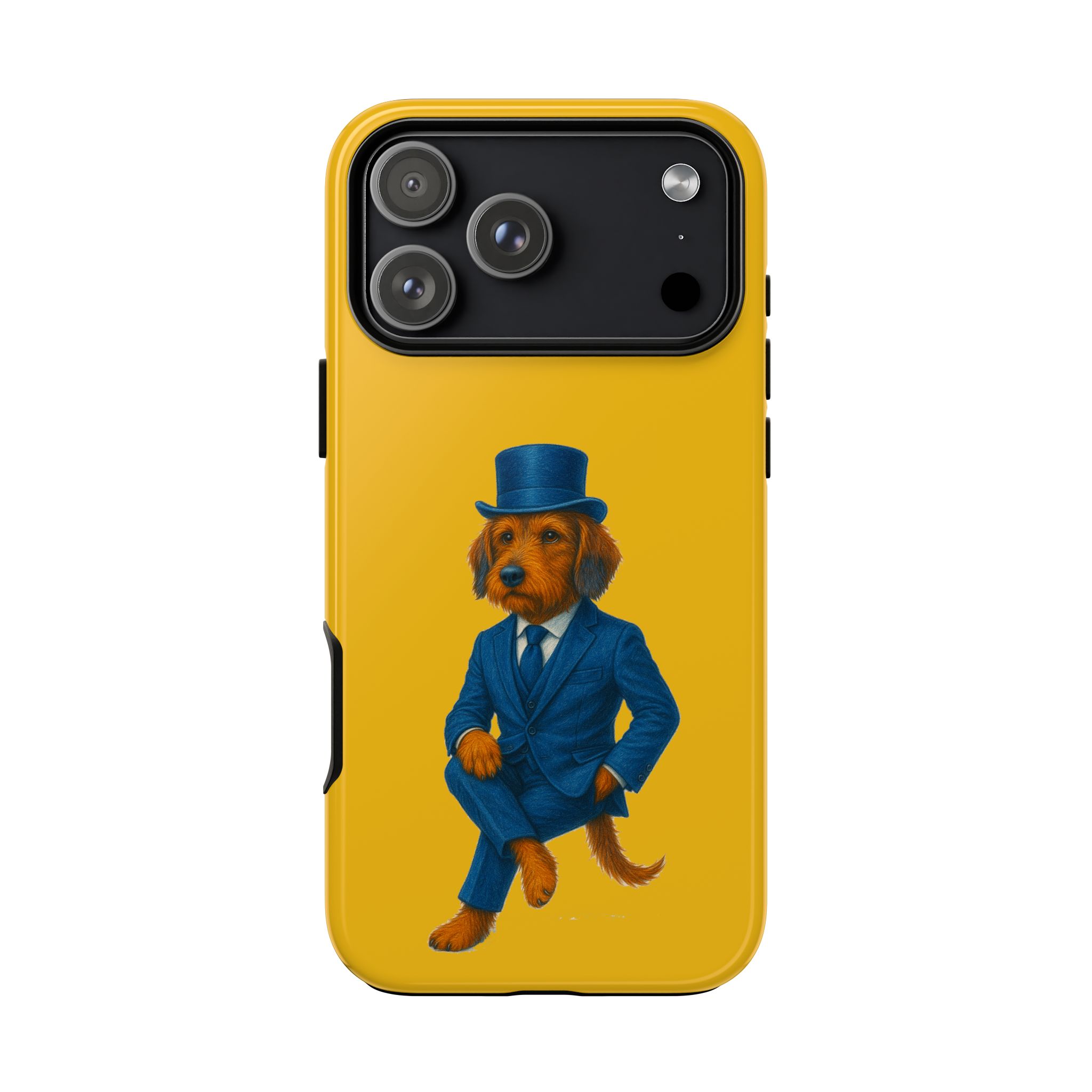 Phone case featuring a dog dressed in a blue suit and top hat against a yellow background.