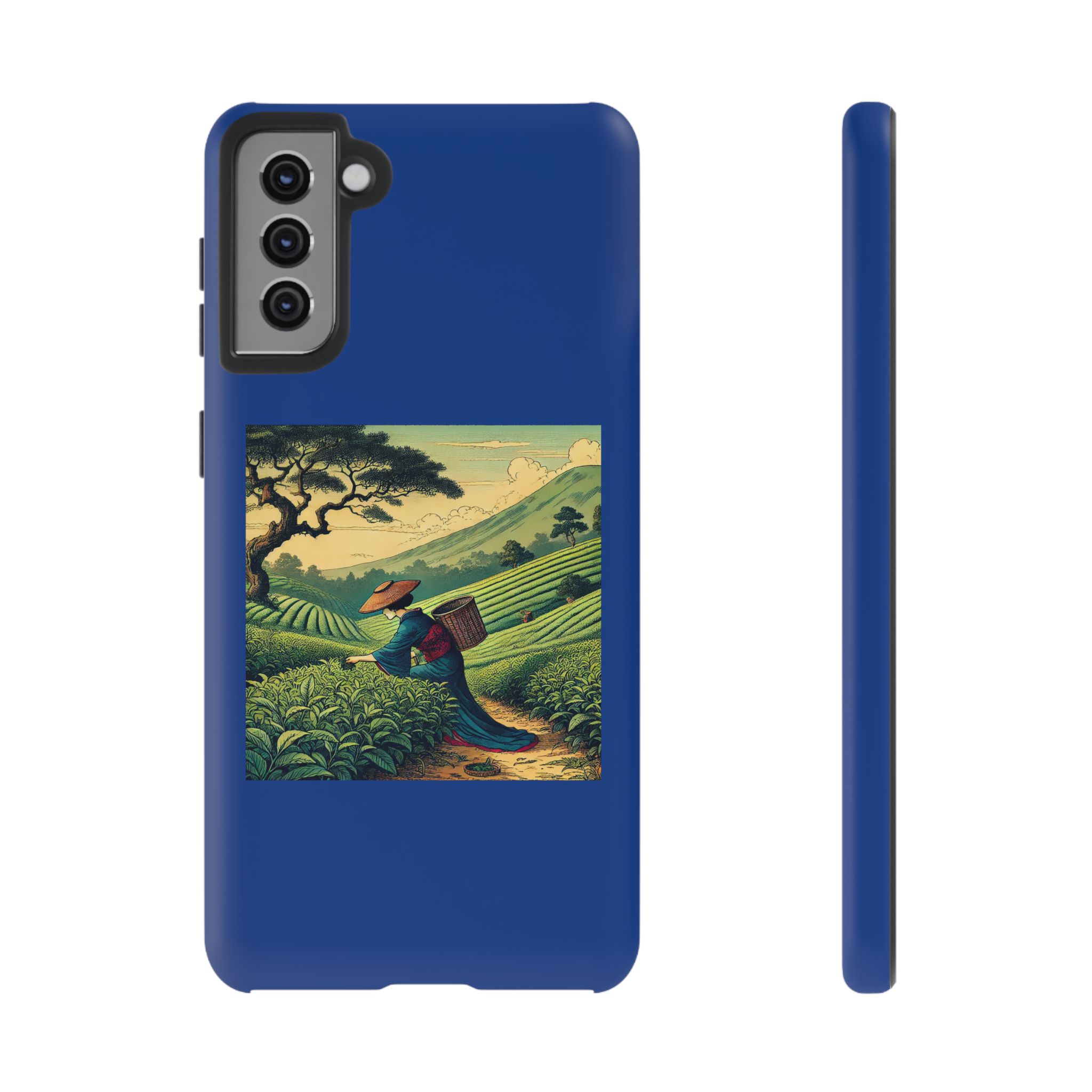 Blue phone case featuring an illustration of a person carrying a basket in a tea plantation.