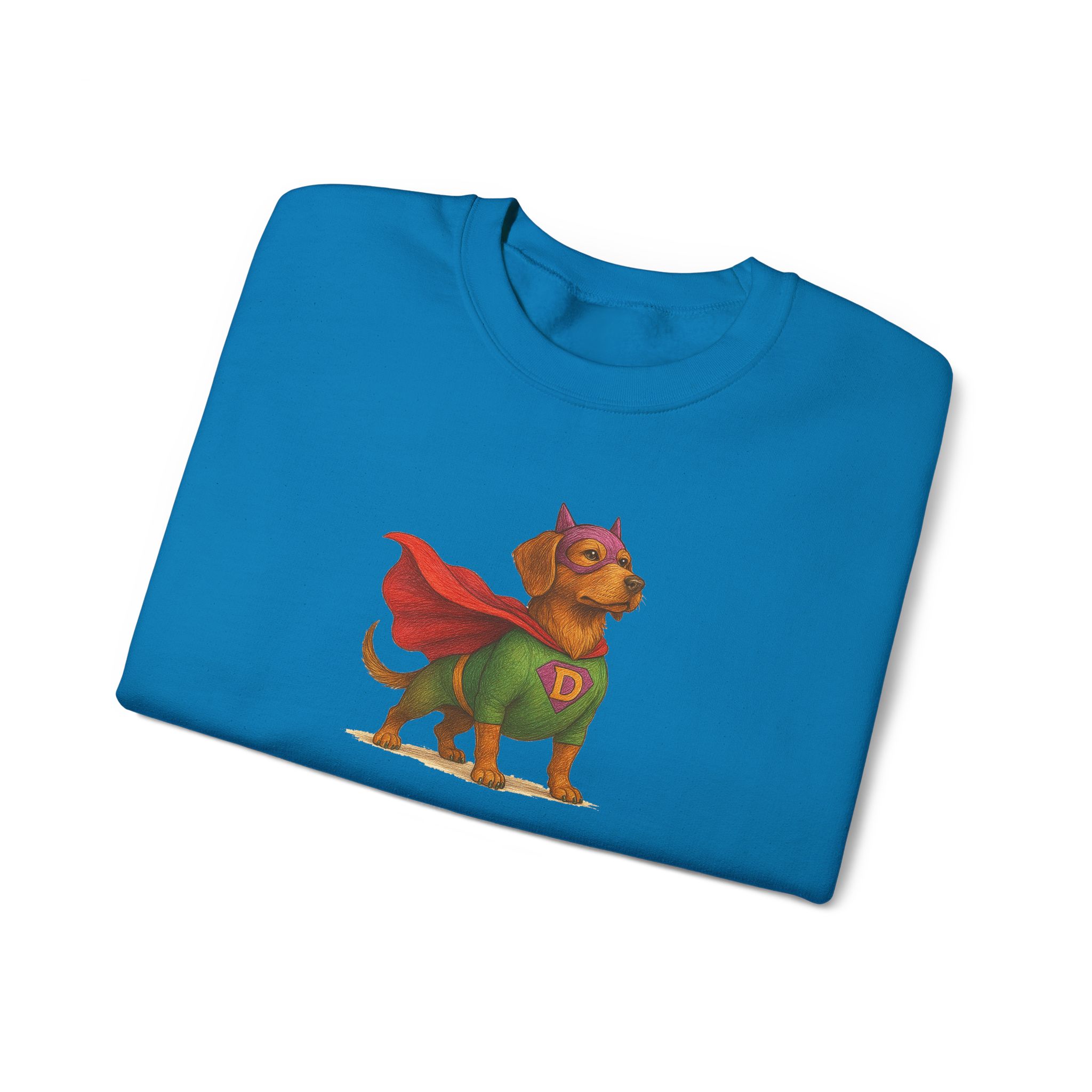 Blue T-shirt featuring a cartoon dog dressed as a superhero with a red cape and mask.