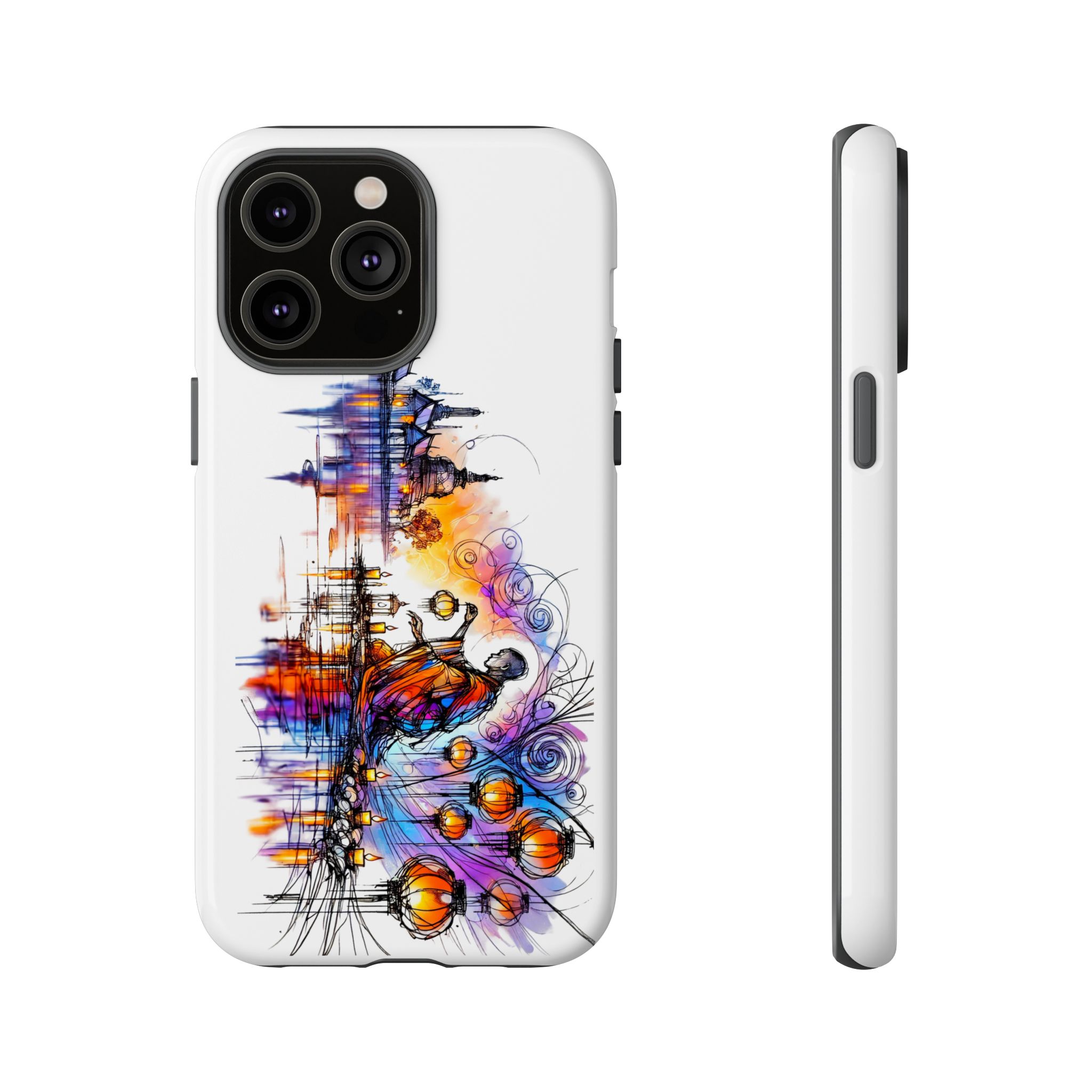 Artistic iPhone case featuring a colorful abstract design with figures and swirls.