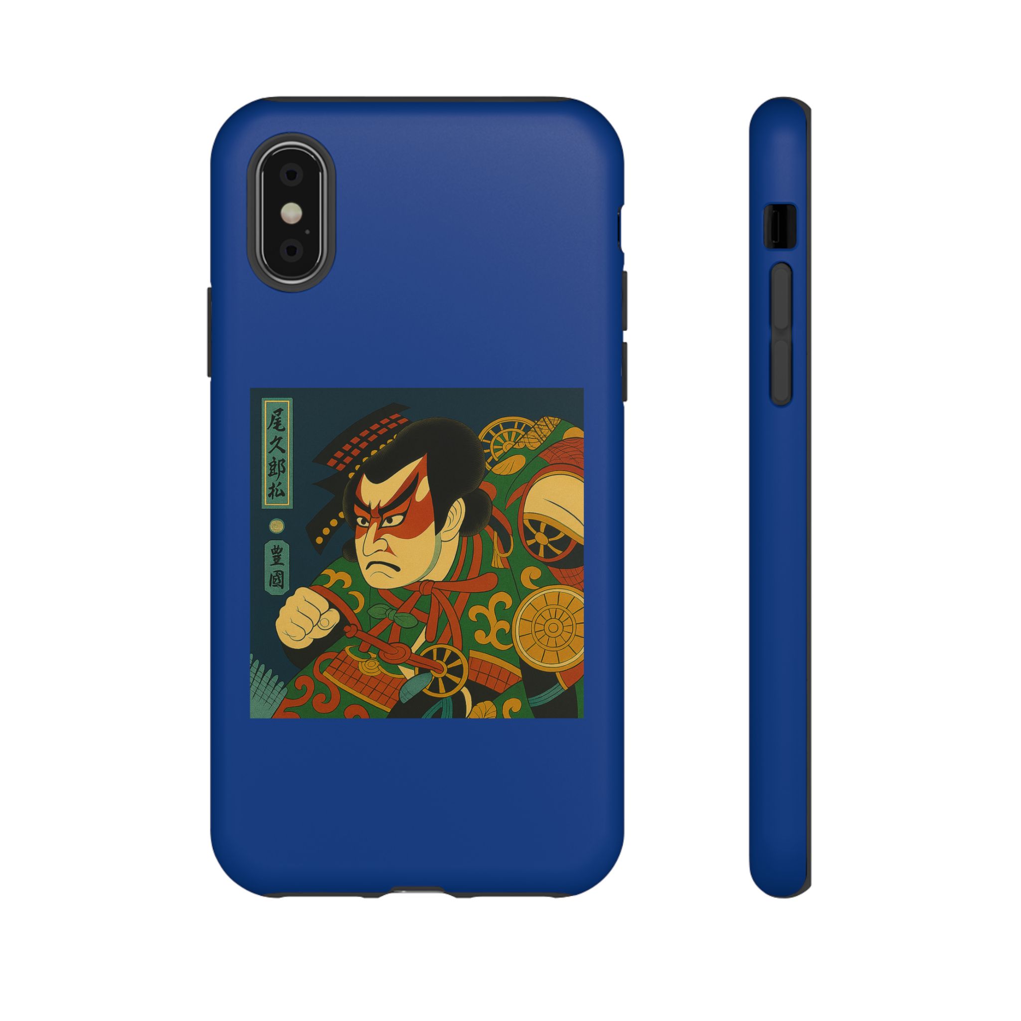 Blue phone case featuring a traditional samurai illustration with intricate details.