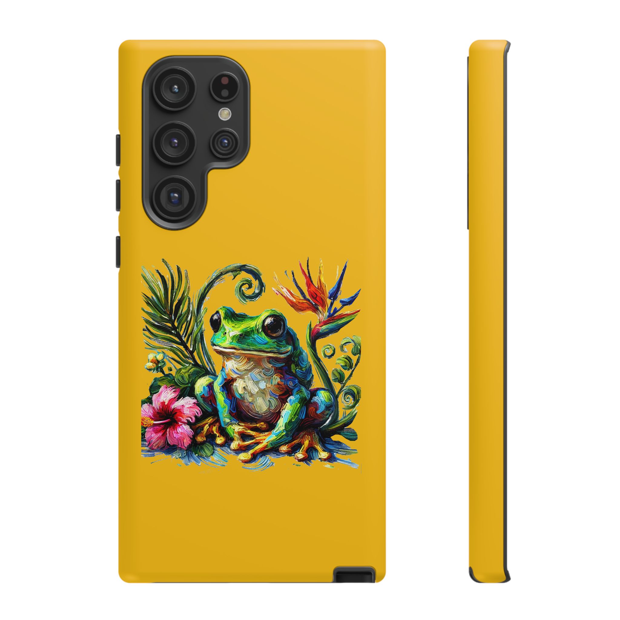 Yellow phone case featuring a colorful frog design with flowers and leaves.