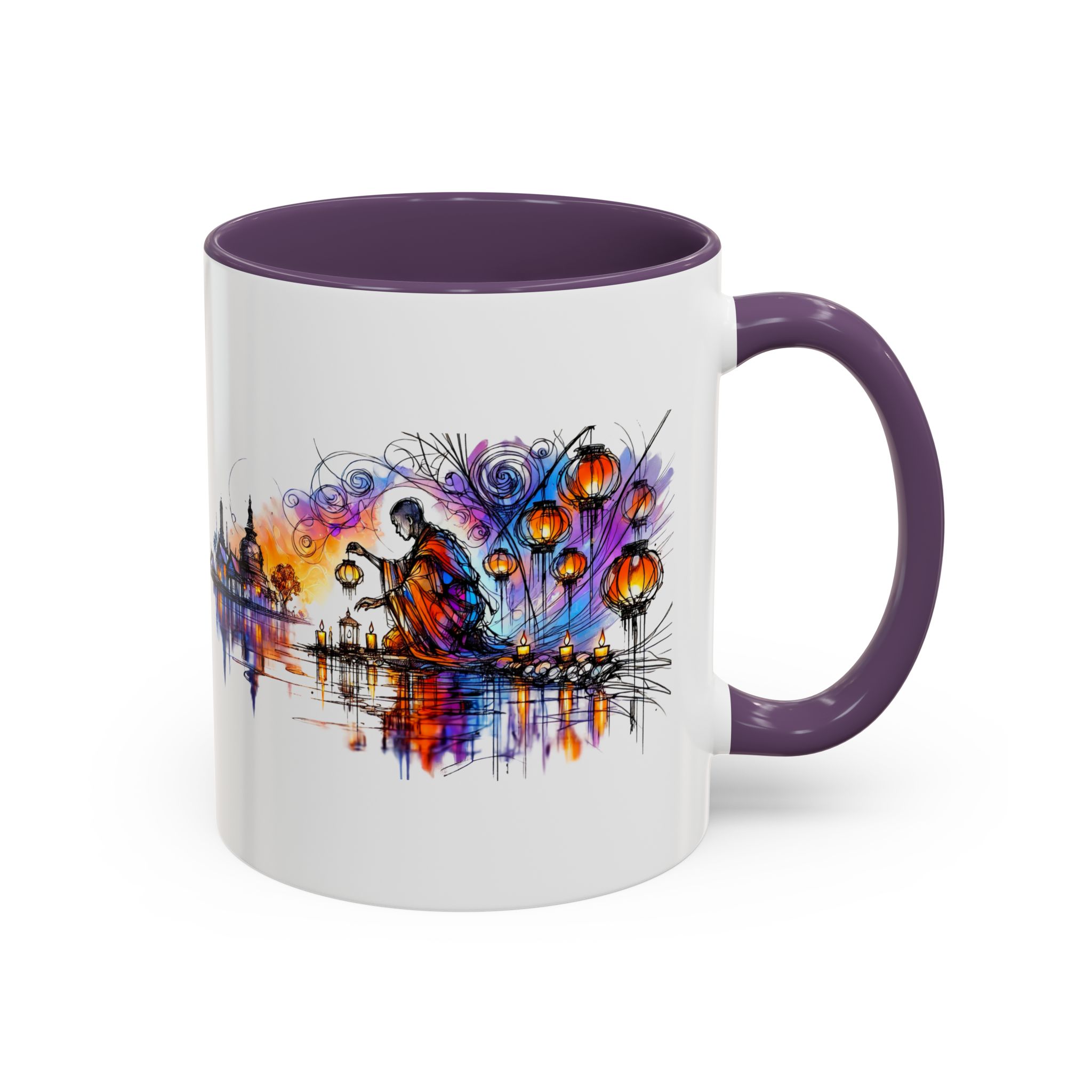 Mug featuring an artistic design of a figure by water with lanterns and colorful swirls.