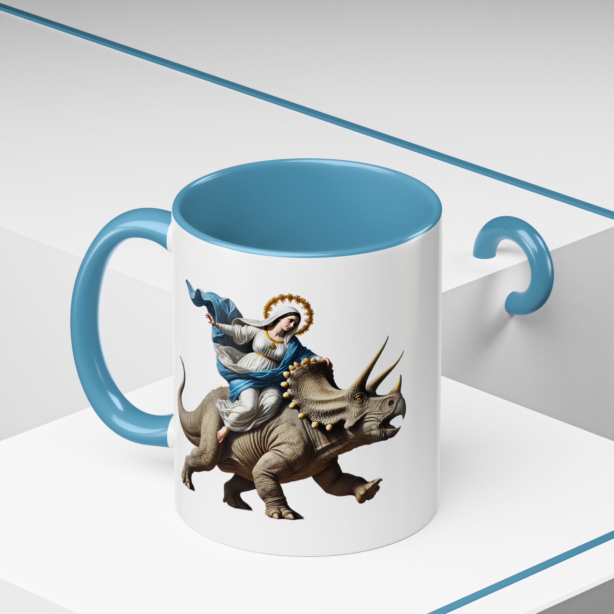 Sarcastic Coffee mug jurassic Virgin mary riding triceratops funny office mug boho gift tea cup cute accessory – Image 4