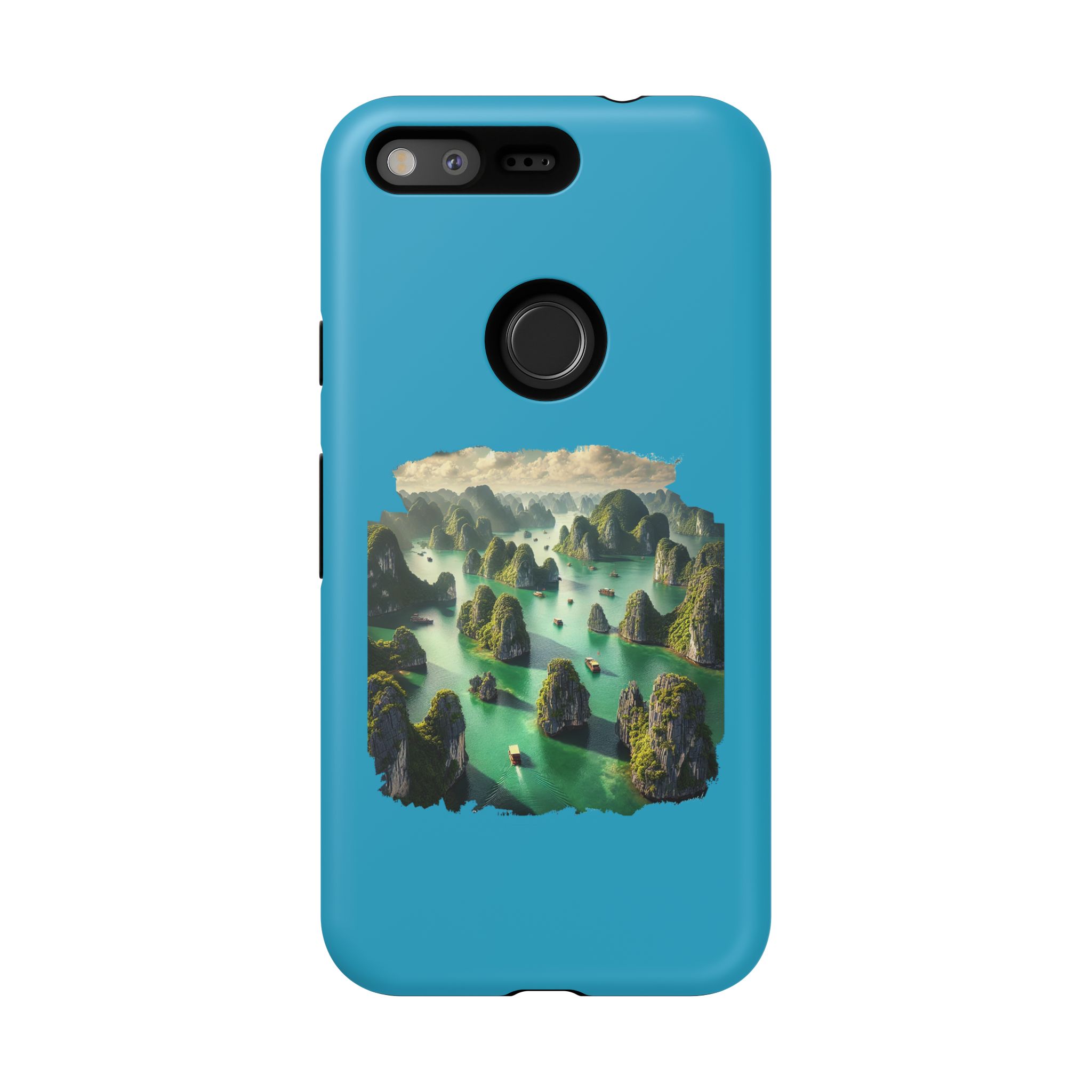 Phone case featuring a scenic landscape with green islands and boats in a blue water setting.