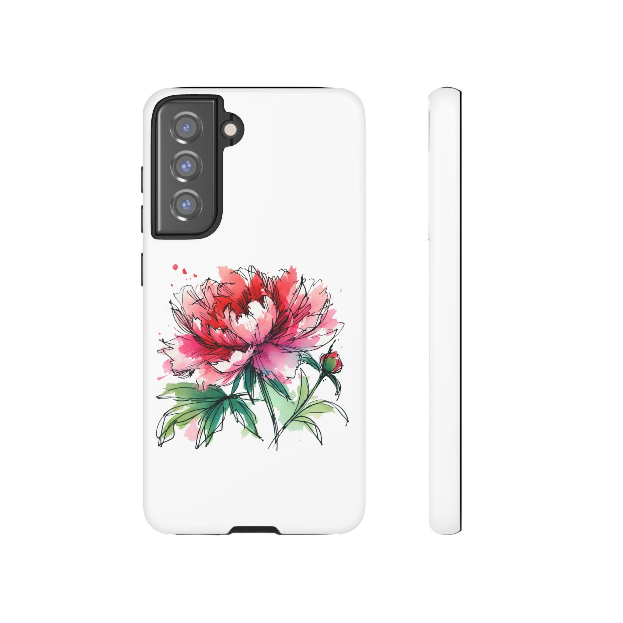Phone case featuring a colorful peony flower illustration on a white background.