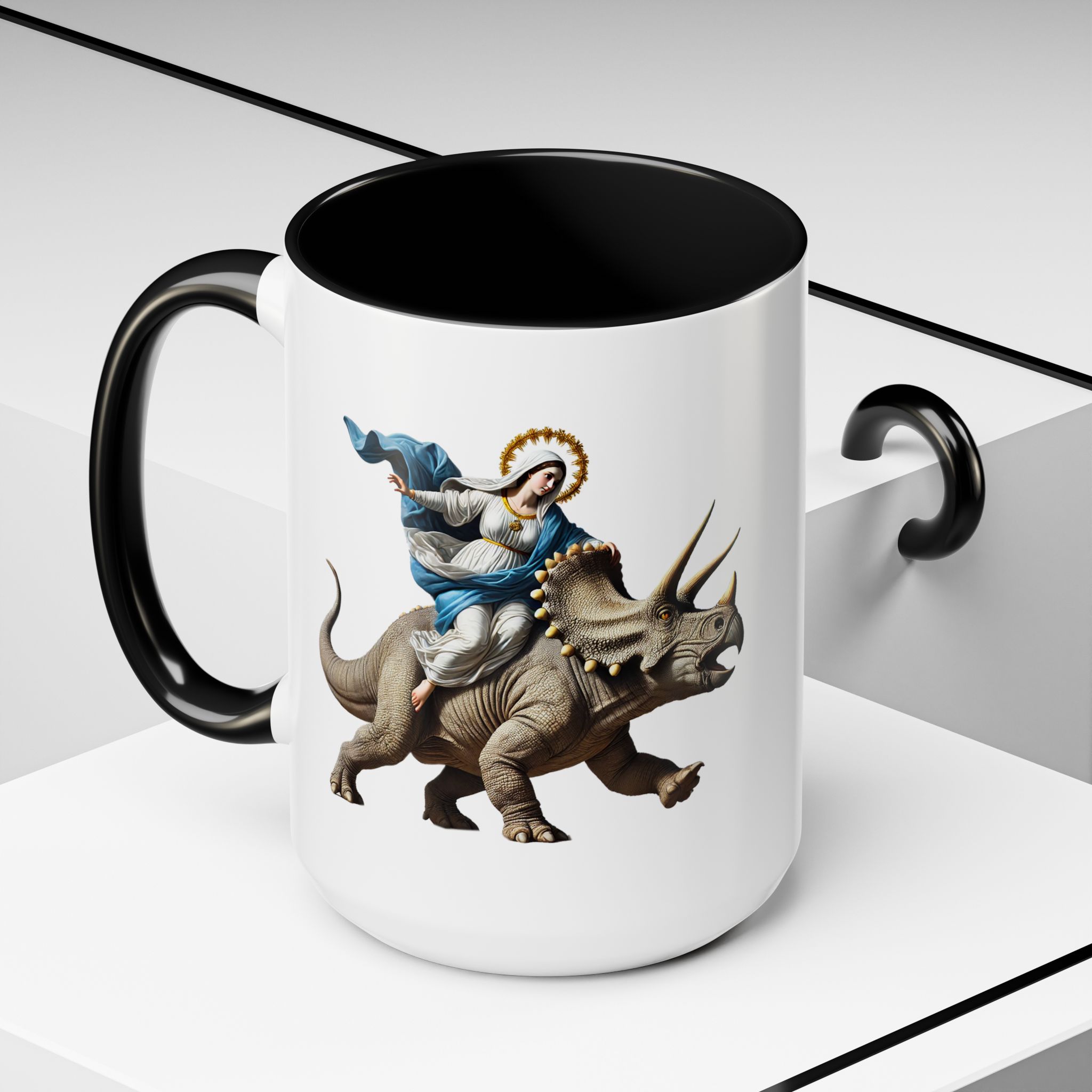 Sarcastic Coffee mug jurassic Virgin mary riding triceratops funny office mug boho gift tea cup cute accessory – Image 24