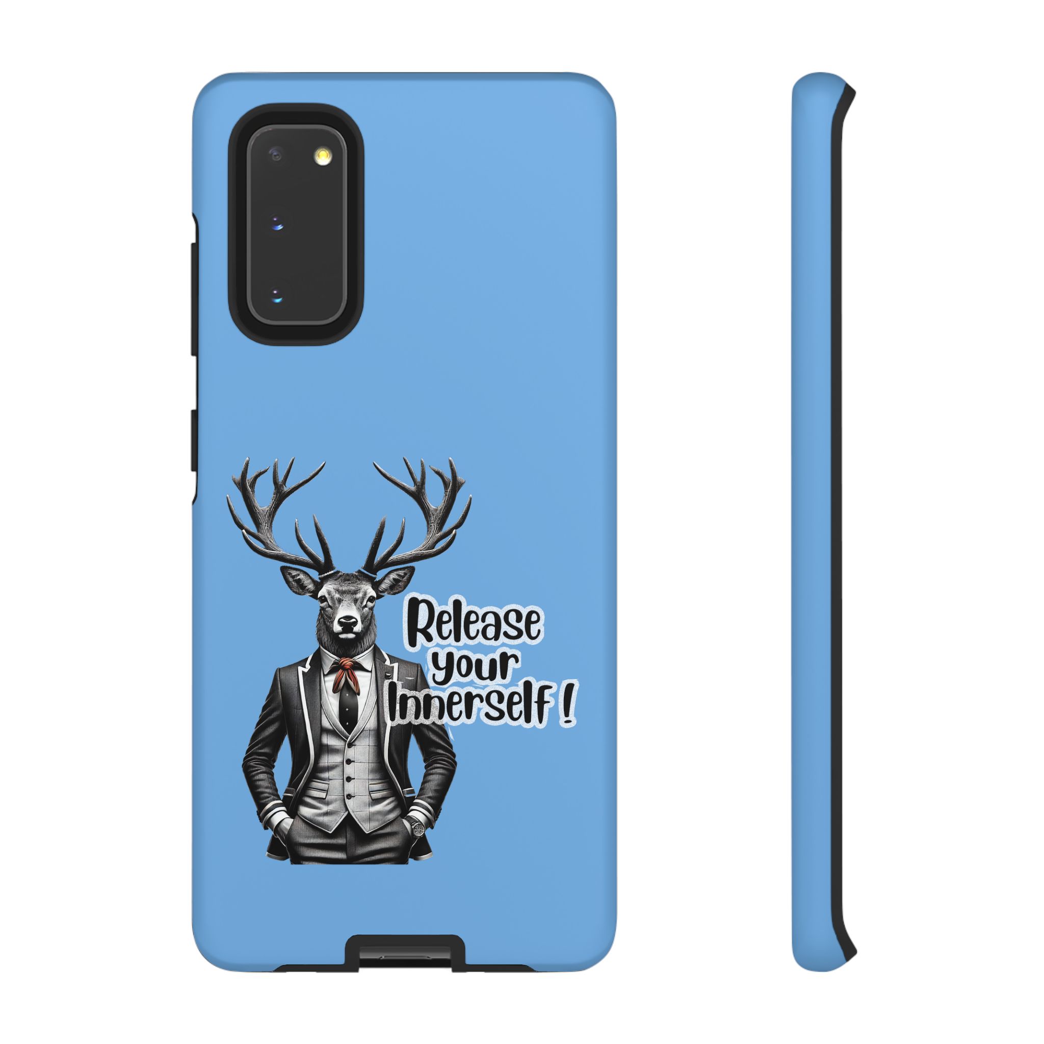 Blue phone case featuring a deer in a tuxedo with the text 'Release your InnerSelf!'