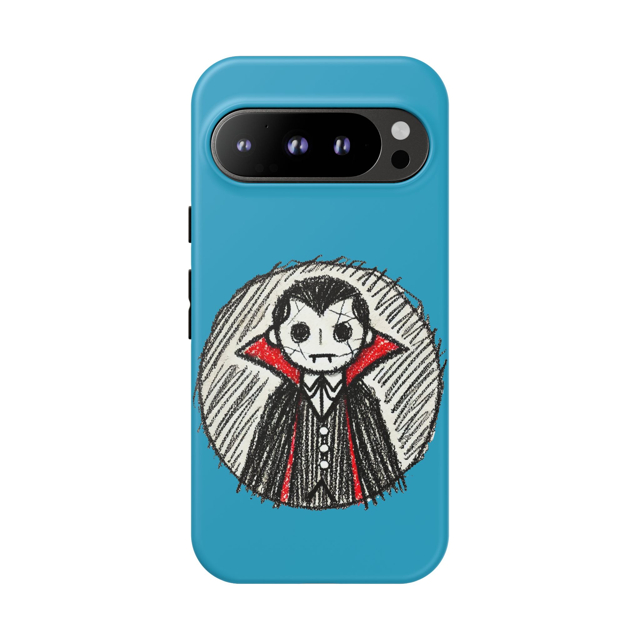 Phone case featuring a hand-drawn vampire character with a blue background.