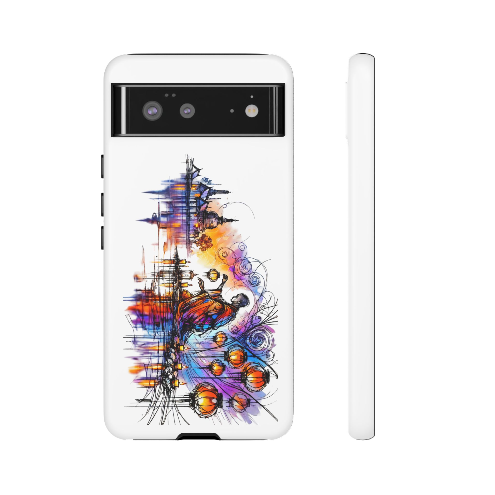 Artistic phone case design featuring colorful abstract patterns and shapes.
