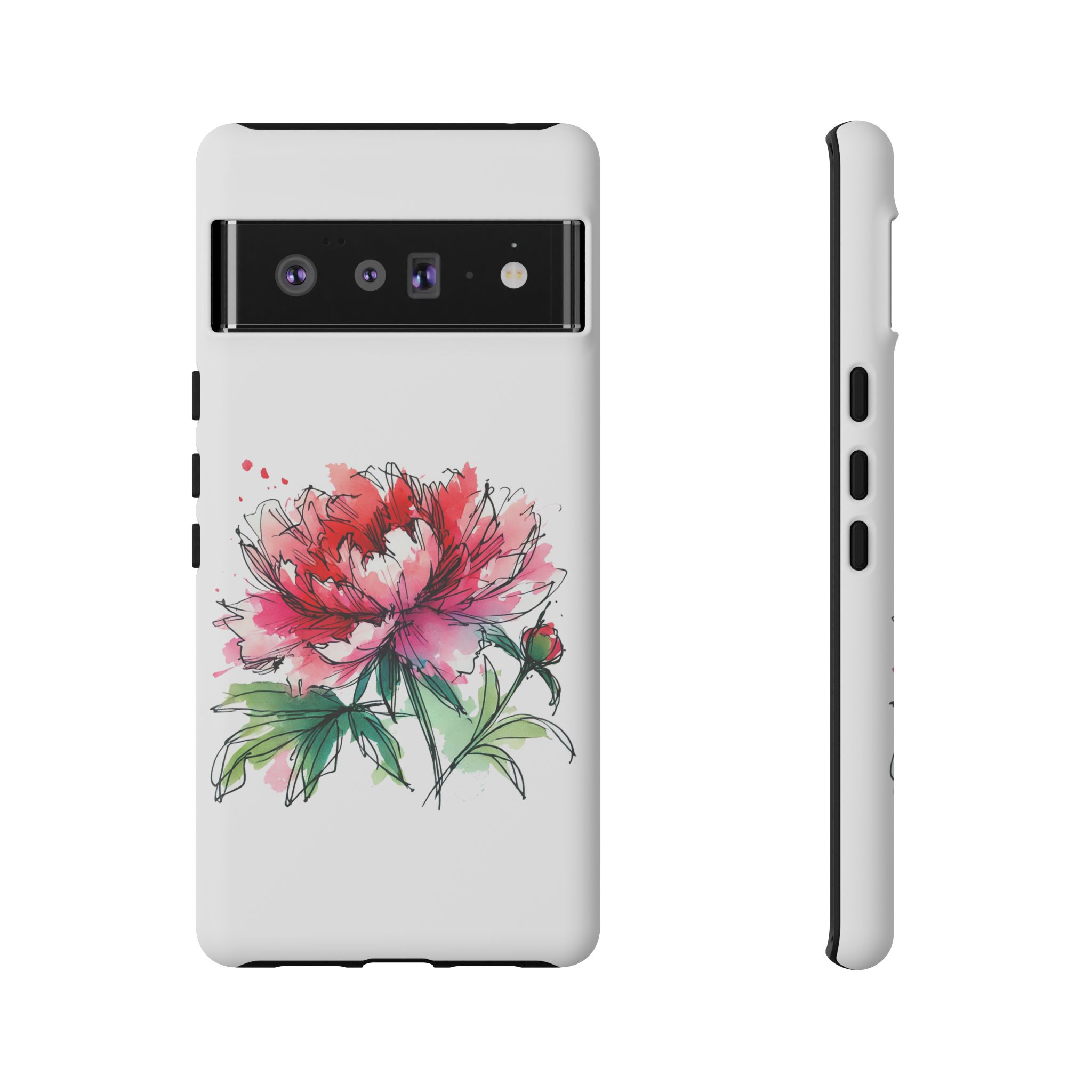 Phone case featuring a colorful peony flower illustration on a white background.