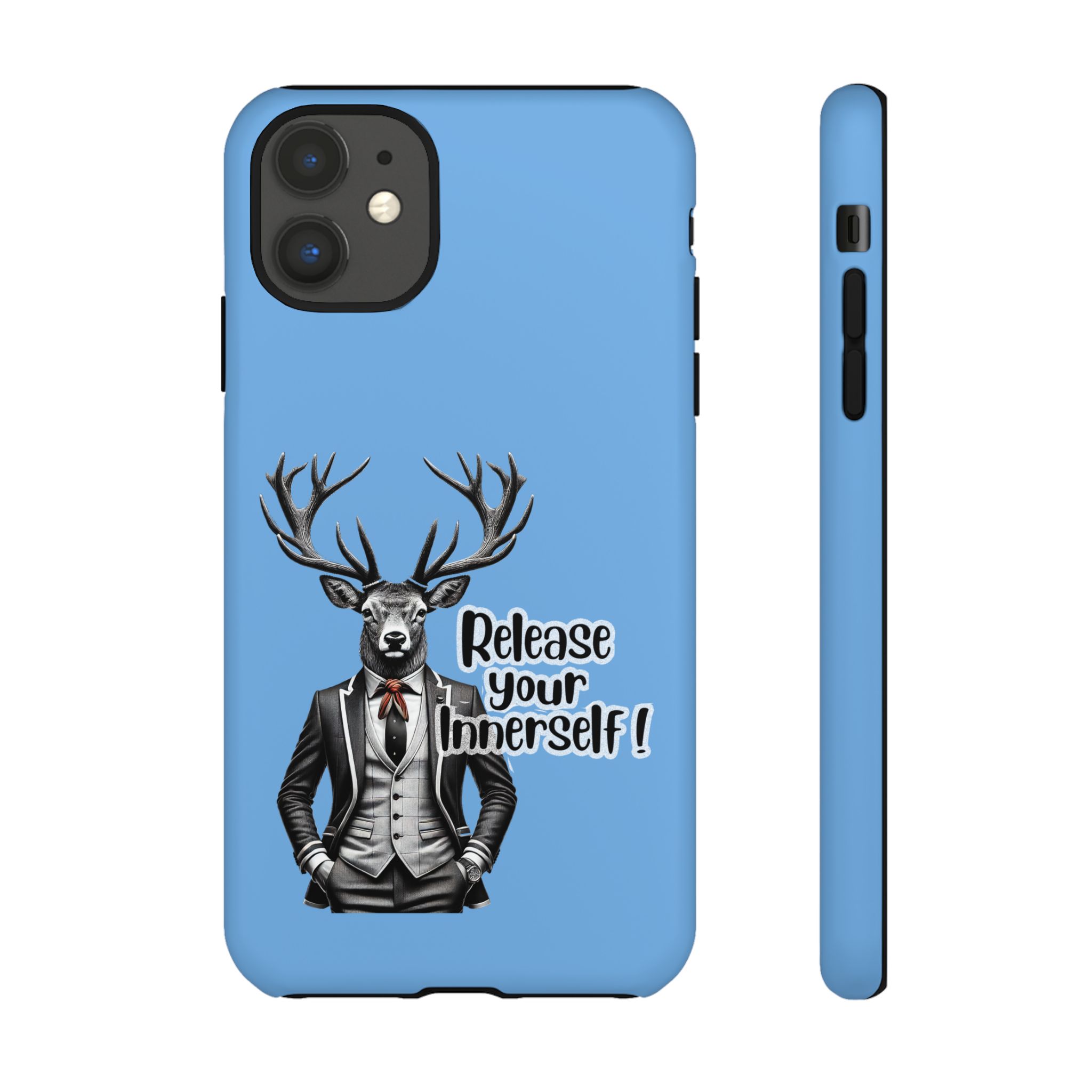 Blue phone case featuring a deer dressed in a suit with the text 'Release your Inner self!'