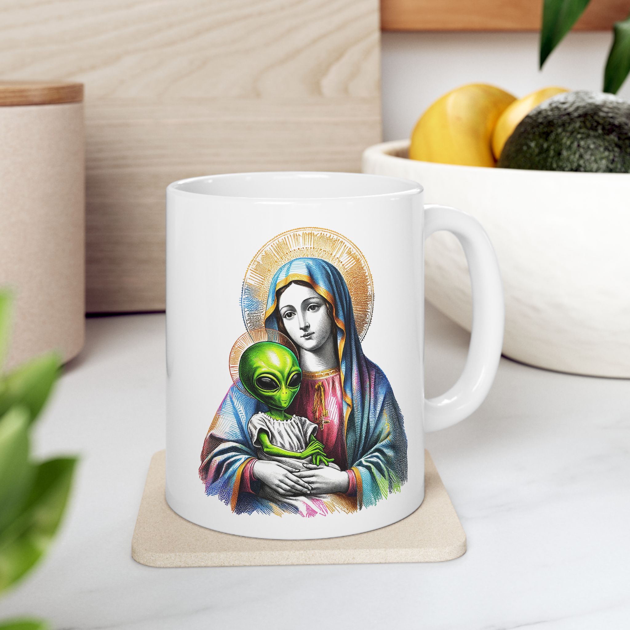 Funny Mug satiric alien virgin mary coffee mug boho gift for him tea cup office accessory religious joke cute cup - Image 3