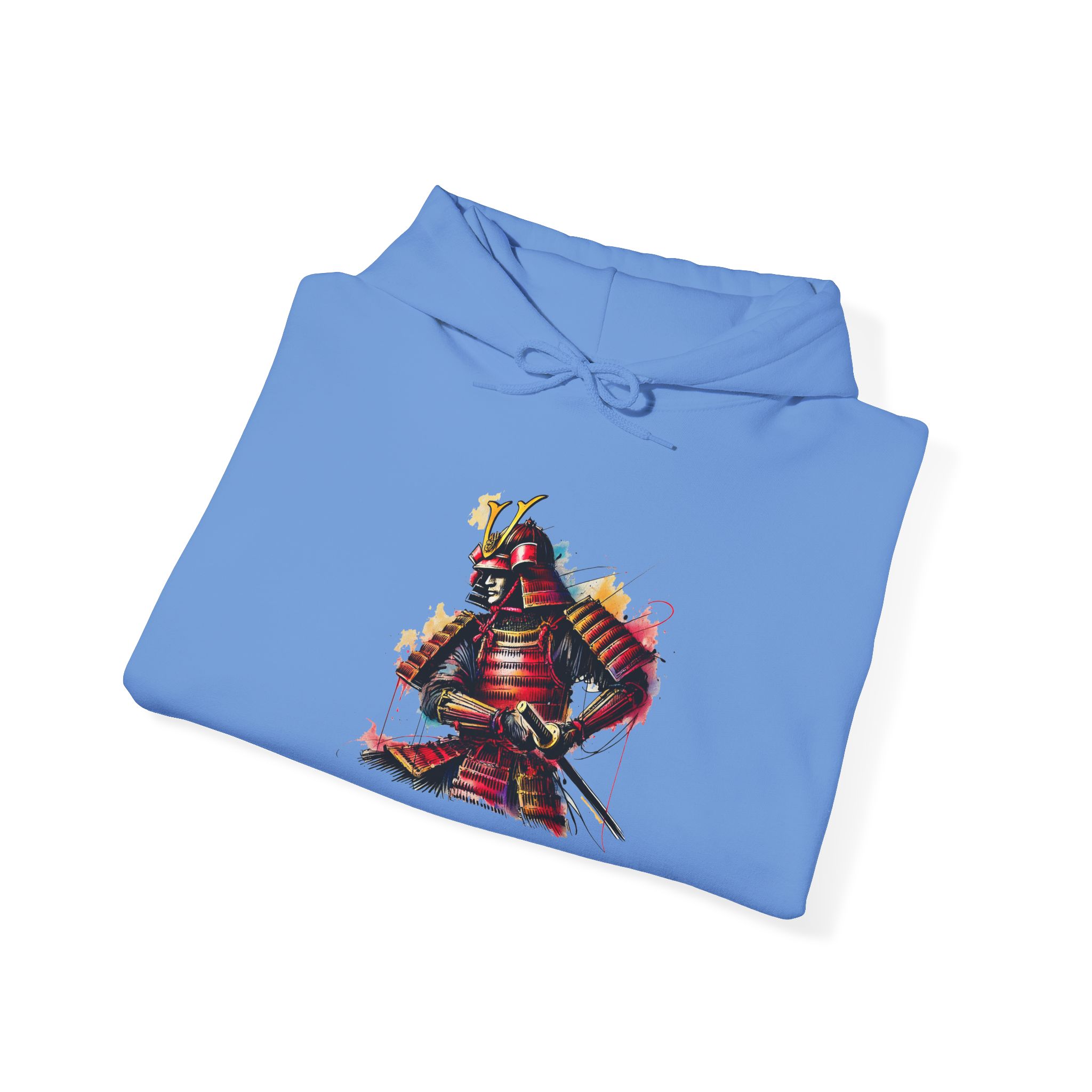 Blue hoodie featuring a graphic design of a samurai in traditional armor with a colorful background.