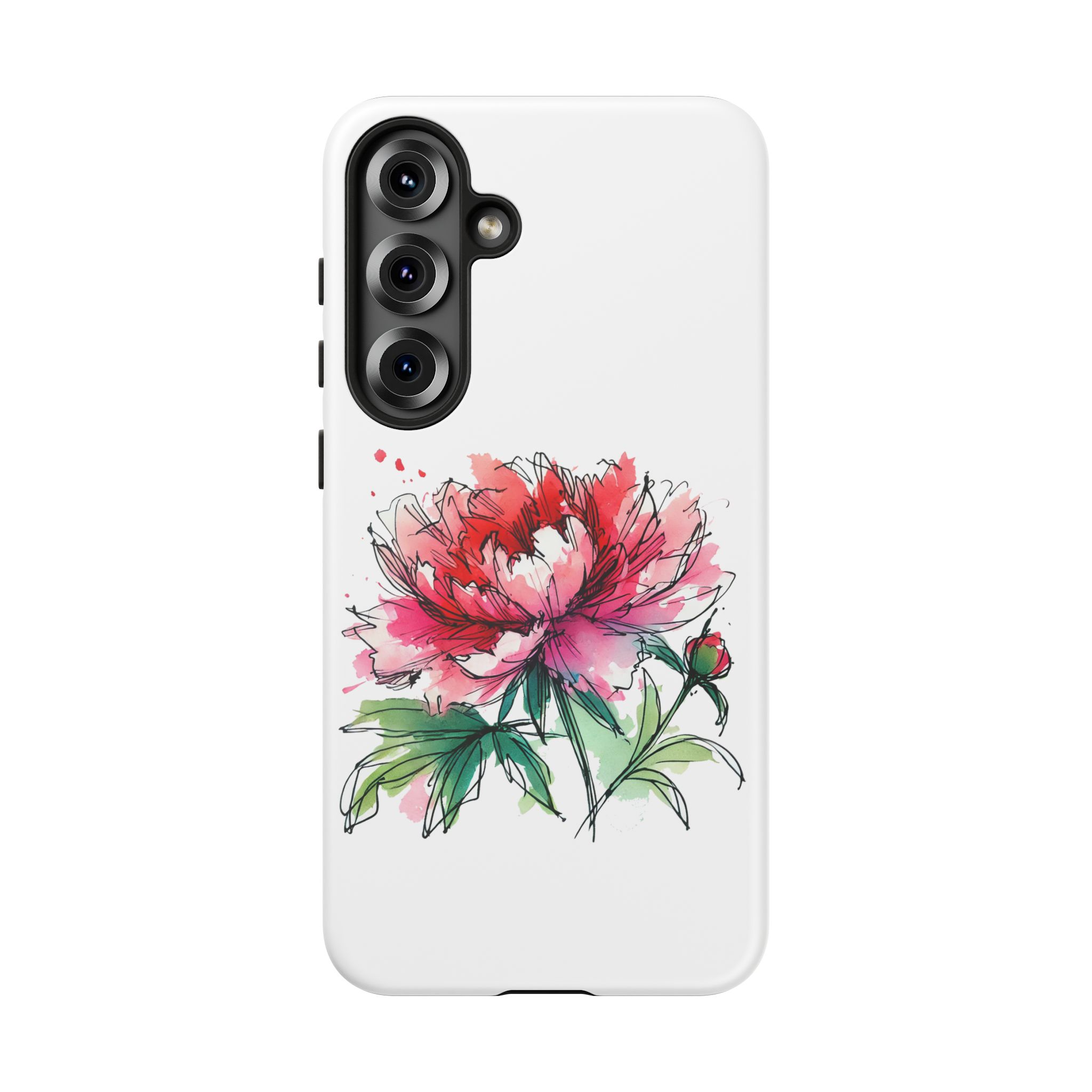 Illustration of a peony flower on a white phone case design with vibrant colors.