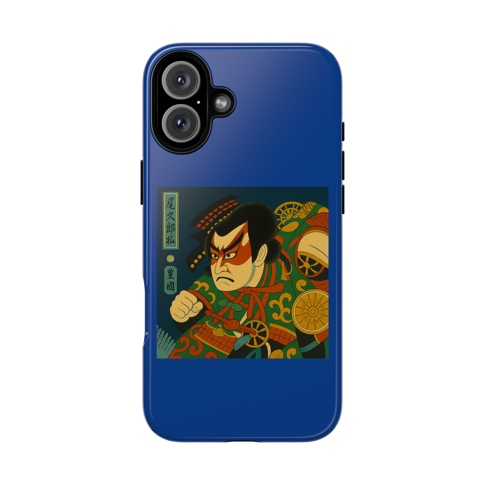 Blue phone case featuring traditional Japanese artwork of a character with a fierce expression and vibrant colors.
