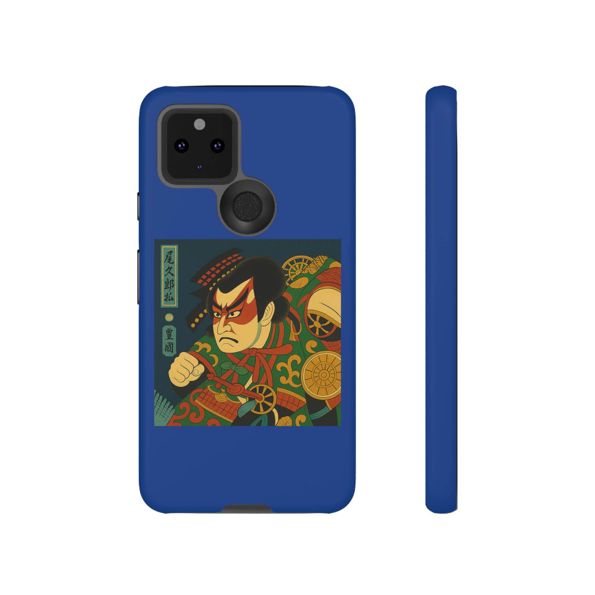 Blue phone case featuring traditional samurai artwork with bold colors and intricate designs.