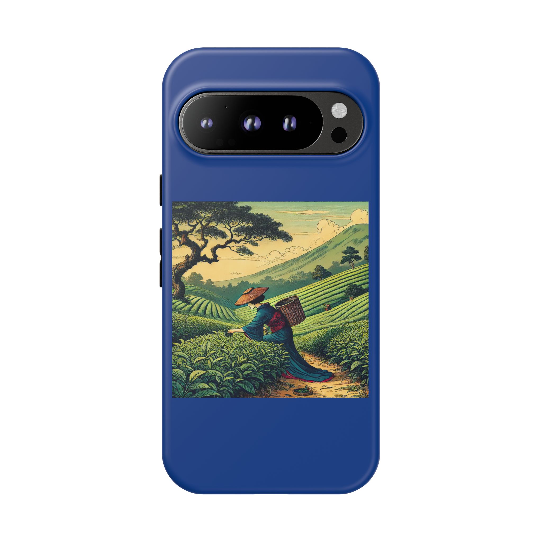 Blue phone case featuring artwork of a farmer walking through tea fields with mountains in the background.