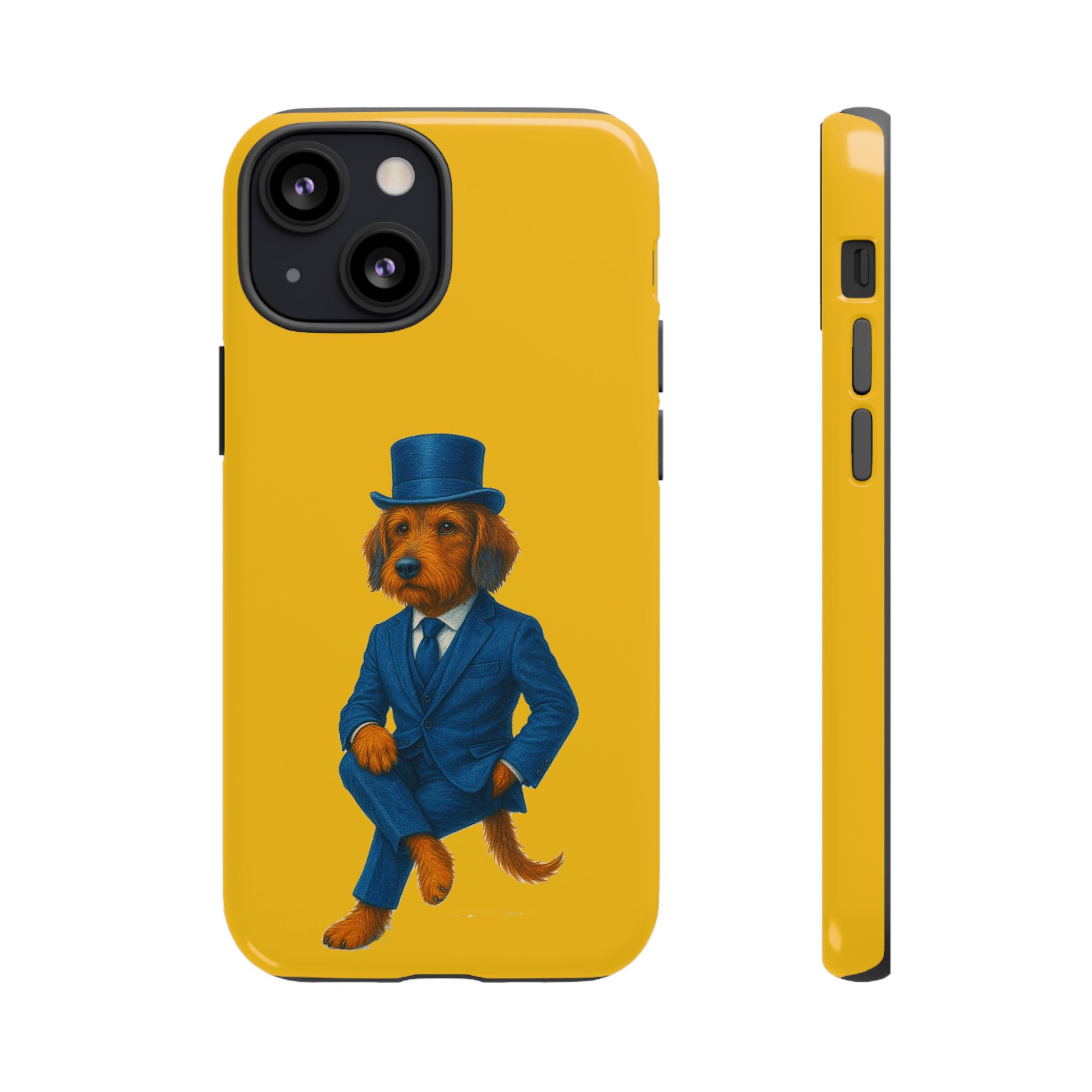 Phone case featuring a dog wearing a blue suit and top hat against a yellow background.