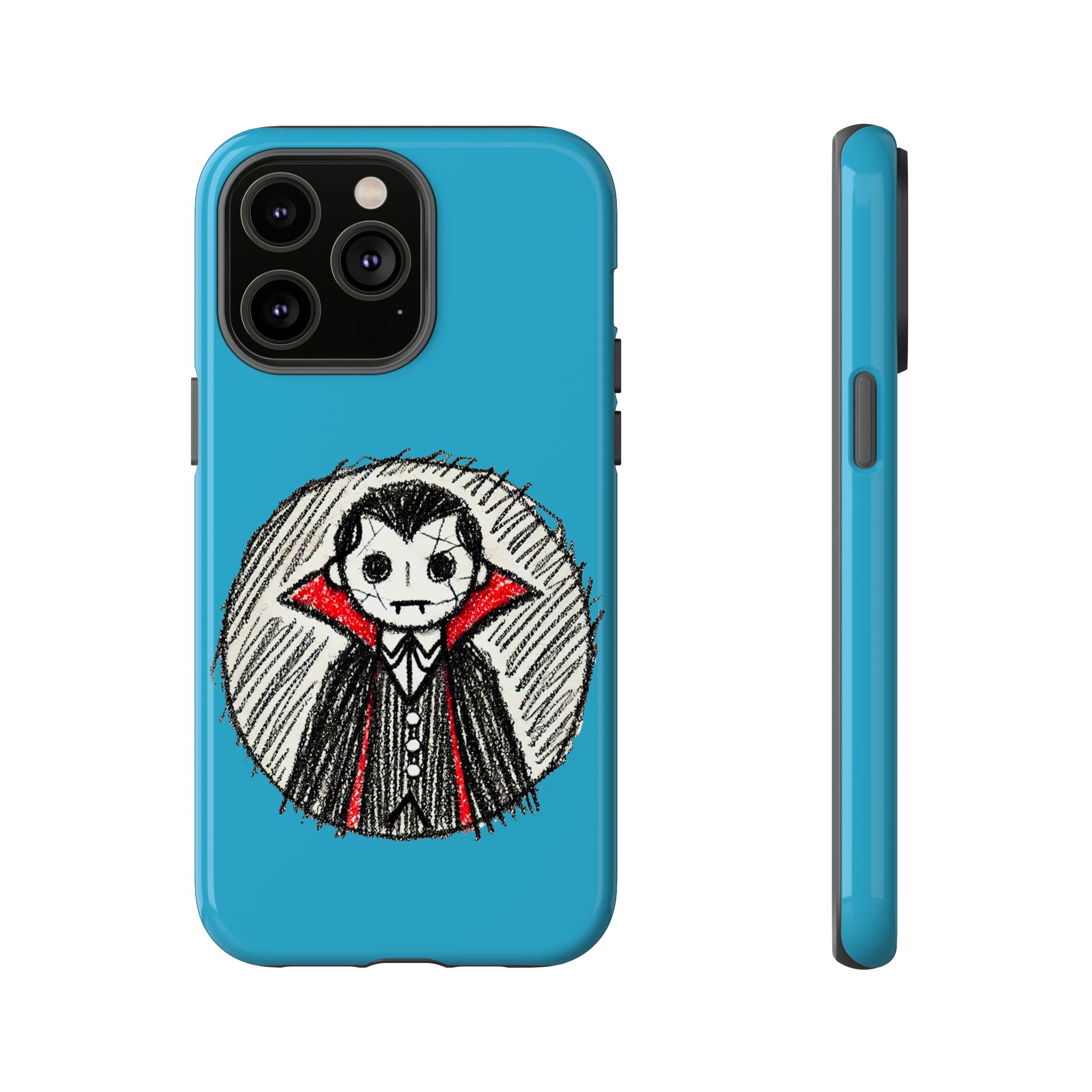 Blue phone case featuring a cartoon vampire character with a red cape and white face.