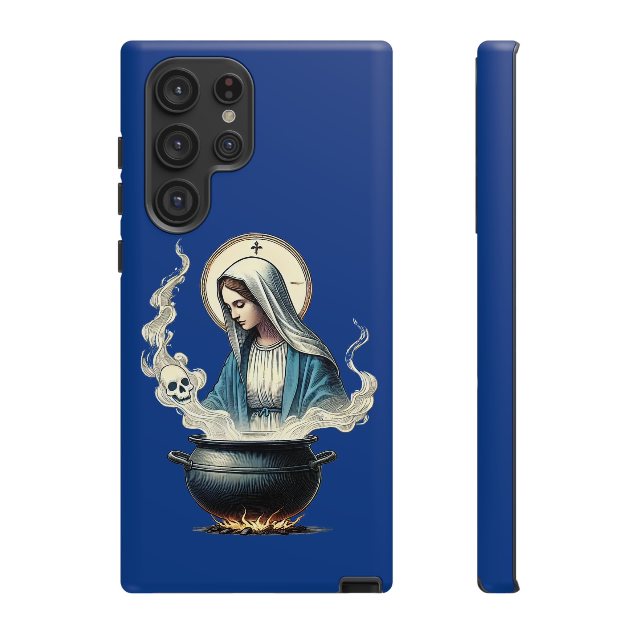 Blue phone case featuring a design of a saint figure with a cauldron and smoke effects.