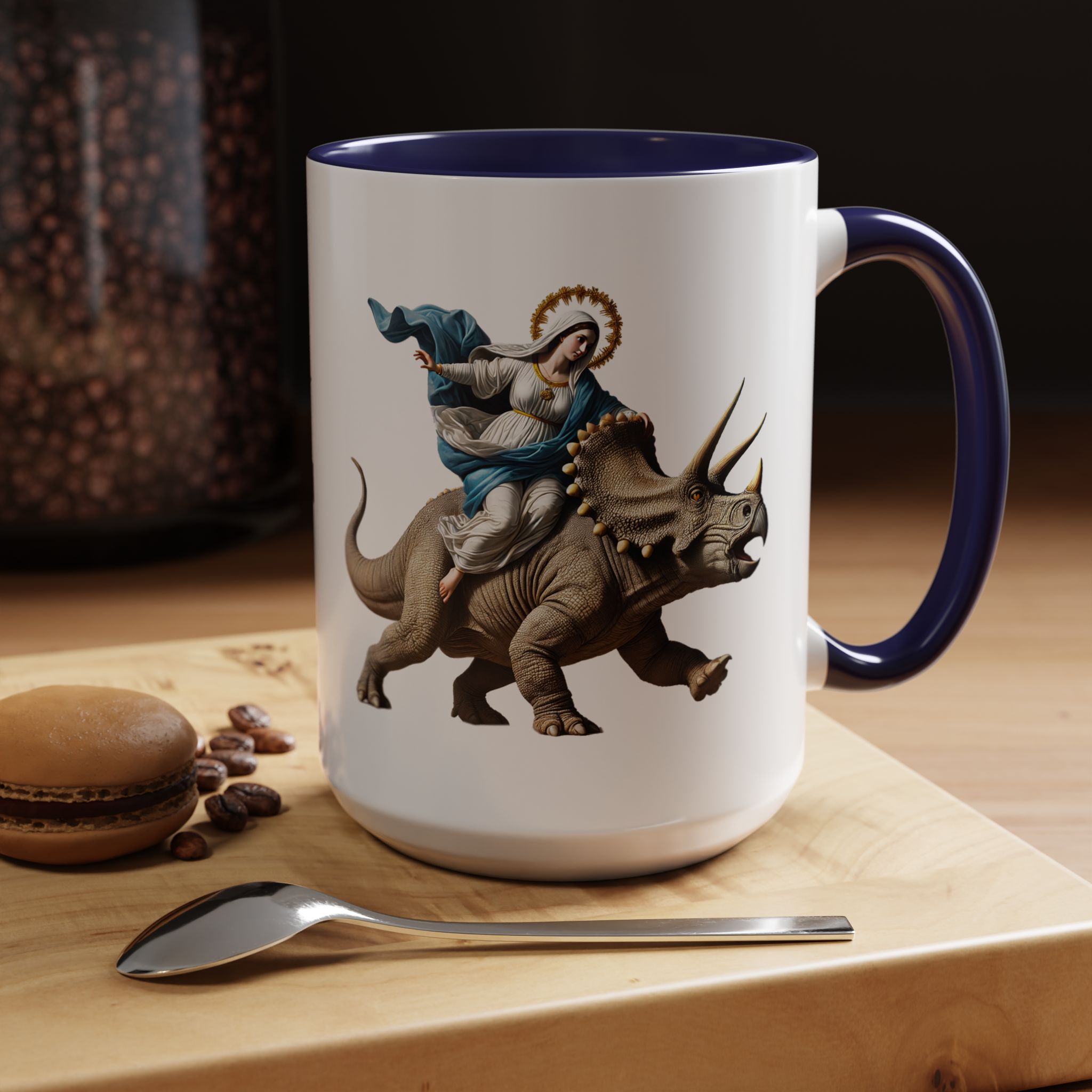 Sarcastic Coffee mug jurassic Virgin mary riding triceratops funny office mug boho gift tea cup cute accessory – Image 27