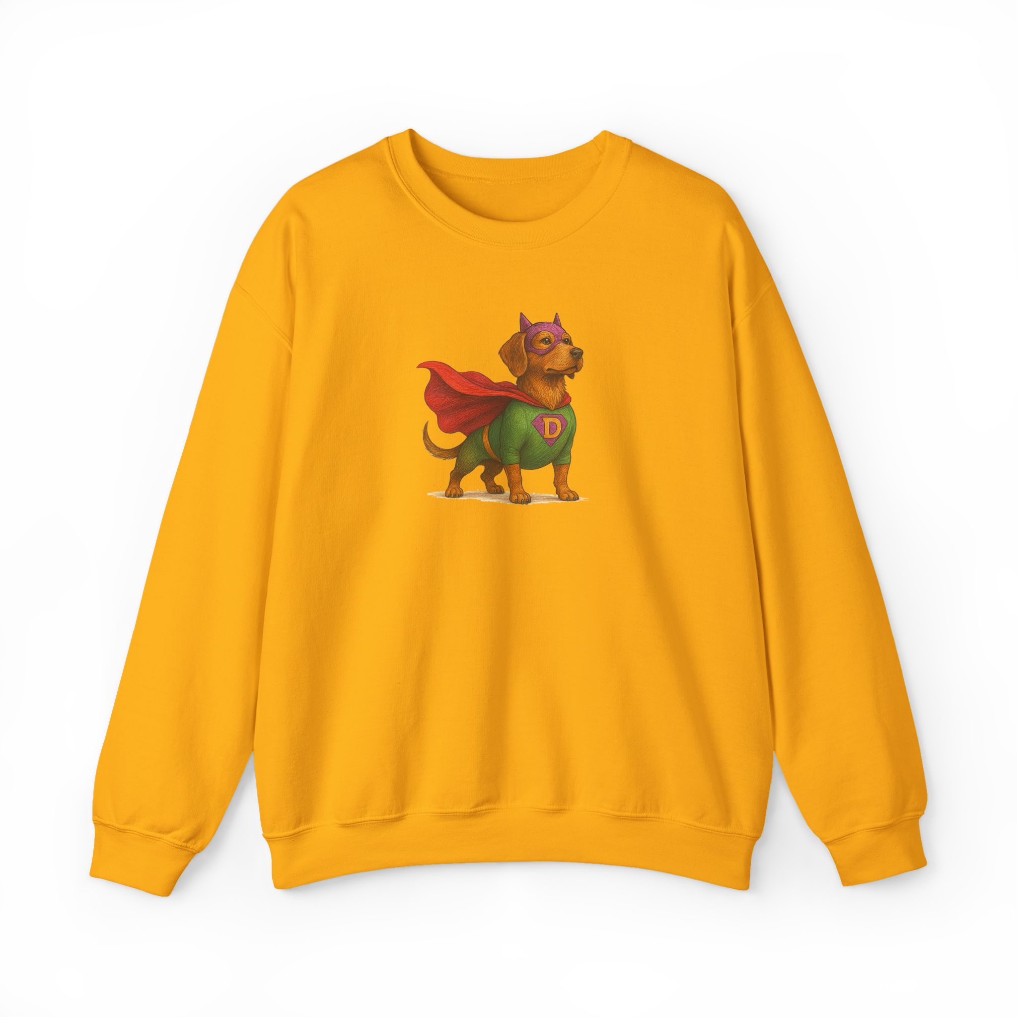 Yellow sweatshirt featuring a cartoon dog dressed as a superhero with a cape and mask.