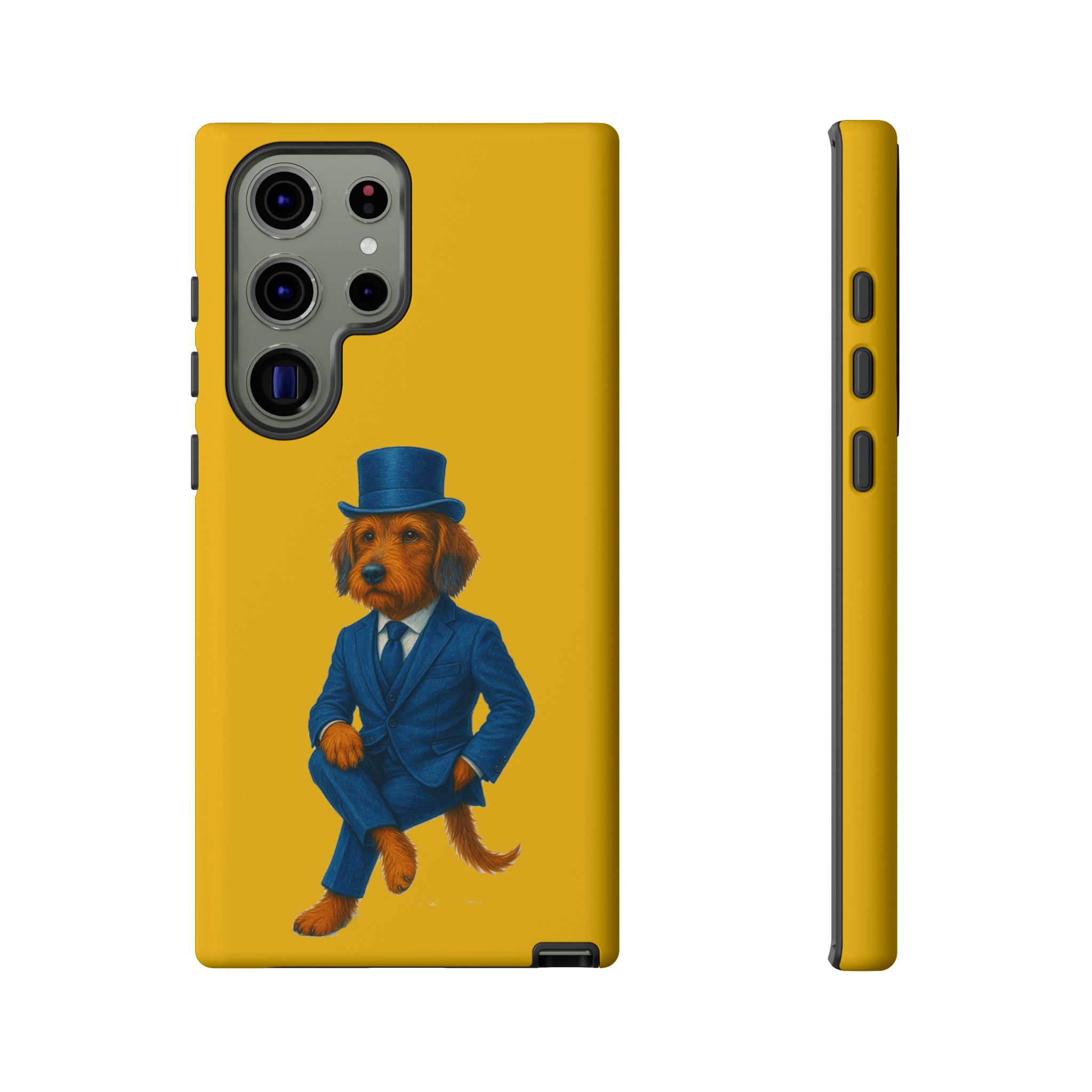 Phone case featuring a dog in a blue suit and top hat against a yellow background.