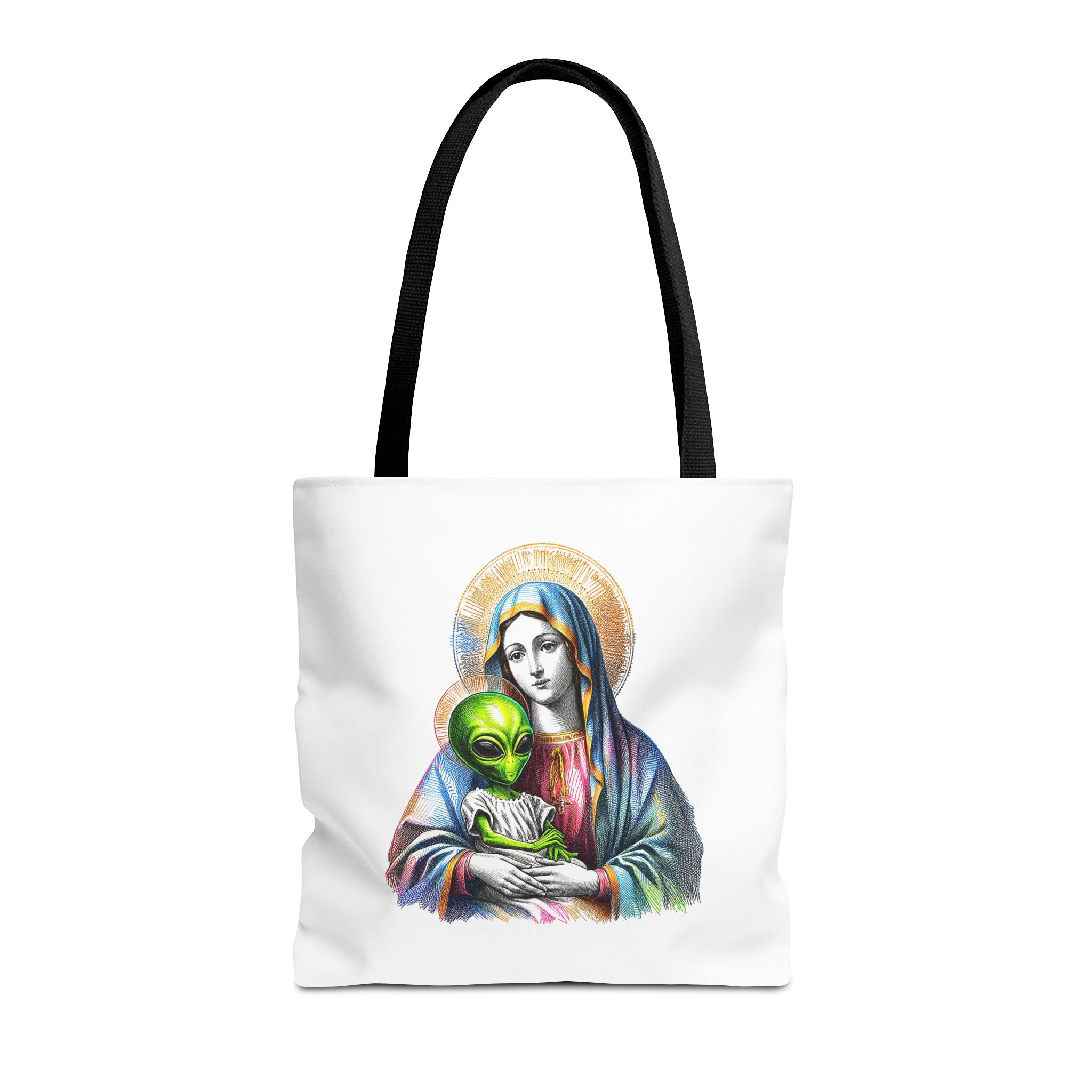 Satiric cute tote bag Boho shoulder bag Alien virgin mary retro shoulder bag fun gift religious design purse unique handbag – Image 3